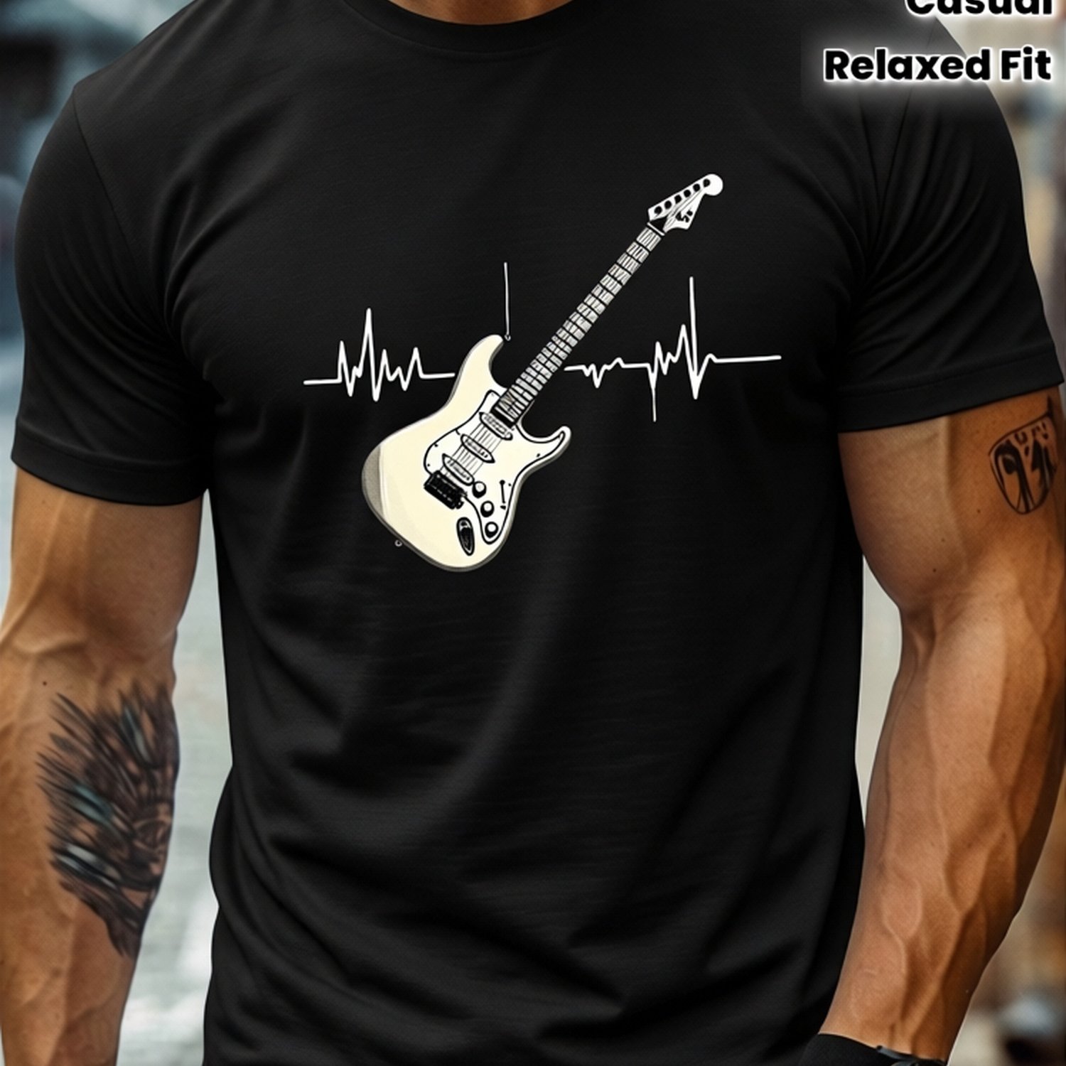 Image of Men's Electric Guitar Heartbeat Graphic T-shirt - Tee With Heartbeat Line, Lightweight Crew Neck Shirt For Concerts, Casual Attire - Rock Band Apparel Gift For Guitarists, Casual Top, Relaxed