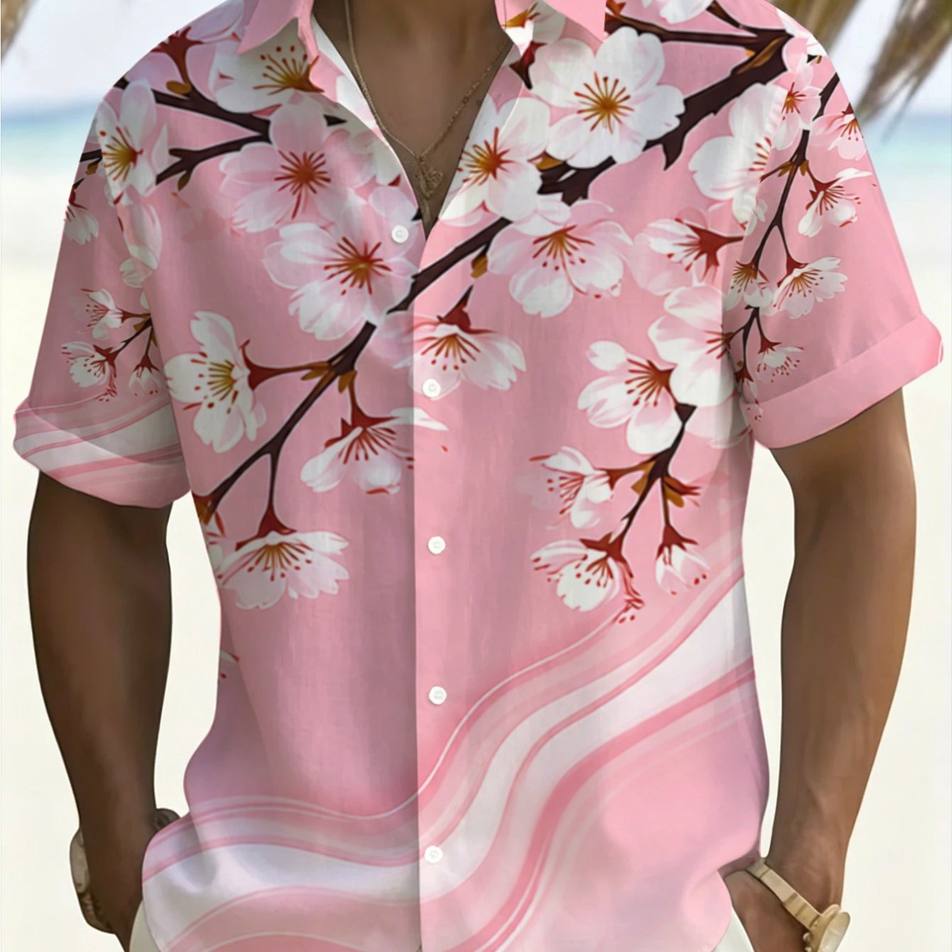 TEMU Plus-size Men's Casual Short-sleeve Shirt With Pink Cherry Print, Refreshing And Comfortable Color-block Lapel Shirt For Men, Versatile Loose