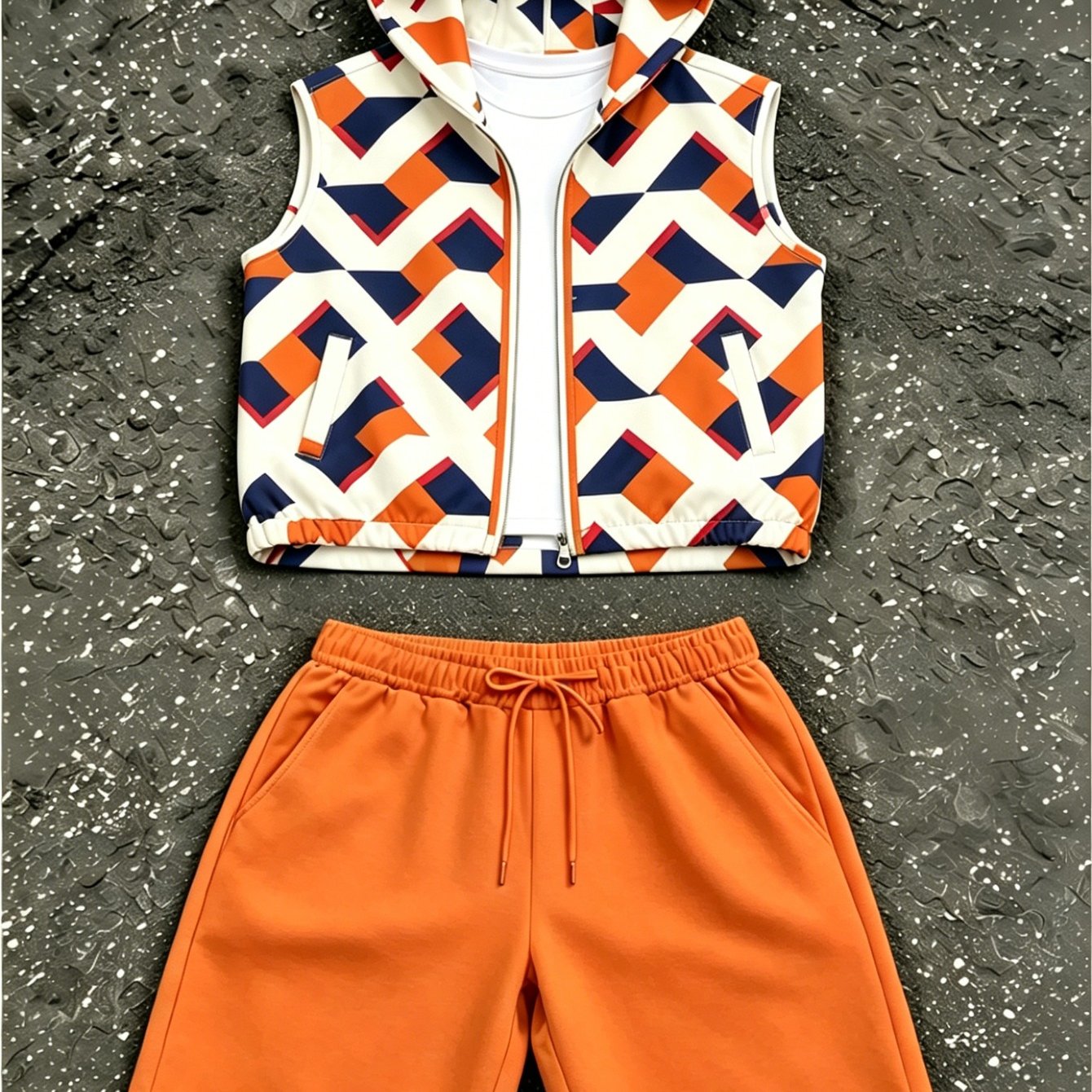Image of Men's Casual Suit American-style Men'-piece Sleeveless Hoodie Set, Geometric Print Streetwear, Casual Summer Two-piece Set, In Multiple Colors