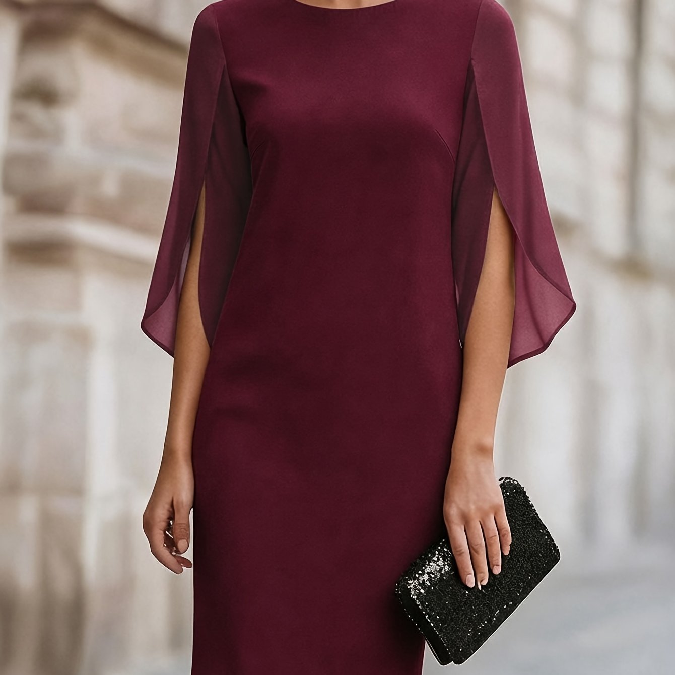 TEMU Lente/Herfst/Winter Elegante Minimalistische Chiffon Wijd Uitlopende Mouwen Ronde Hals A-Lijn Dames Kleur Korte Jurk, Met Unieke Vloeiende Sjaal