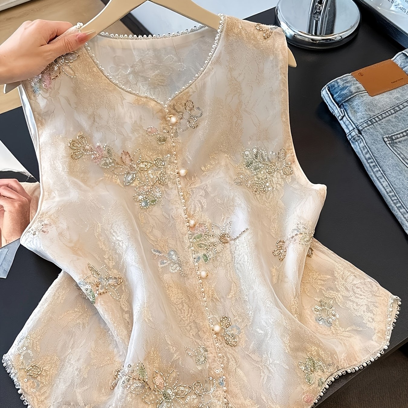 TEMU 【刺繍ビーズ入り】レディース ム ライト 日焼け止め ベスト ジャケット トップス