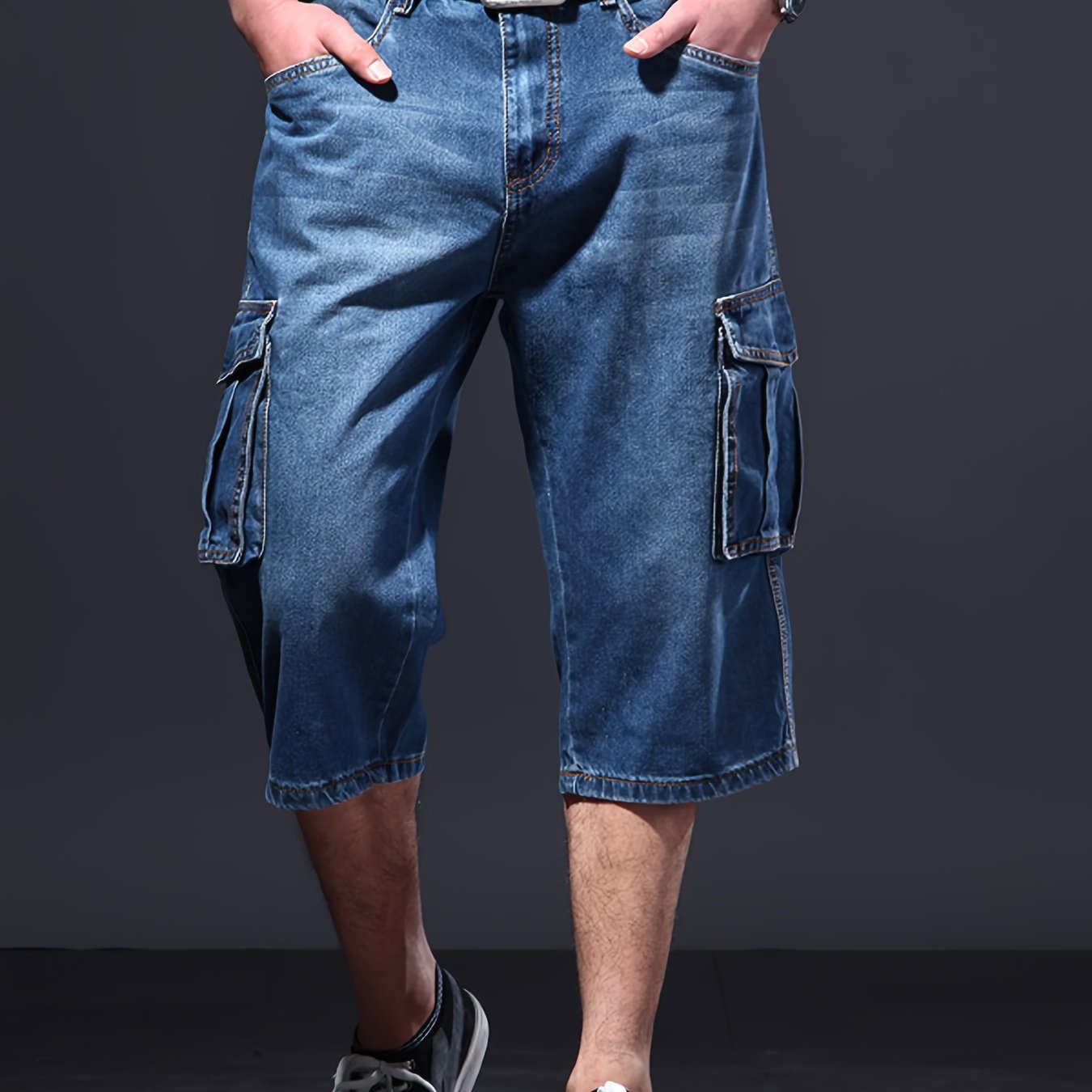 Image of Motorcycle Plain Loose Fit Cropped Work Jeans Multi Pockets Casual Wear Denim Cowboy Cargo Shorts Rider Shopping Vacation Straight Pants Shorts