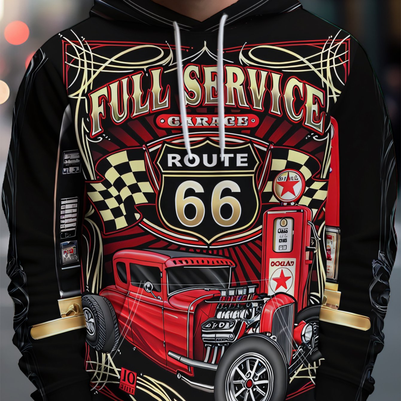 TEMU Men's Individual Style Hooded Sweatshirt, Decor With Numbered Highway Red Pump - Full Street Style, Rich And Artistic Pattern Elements, Easy To