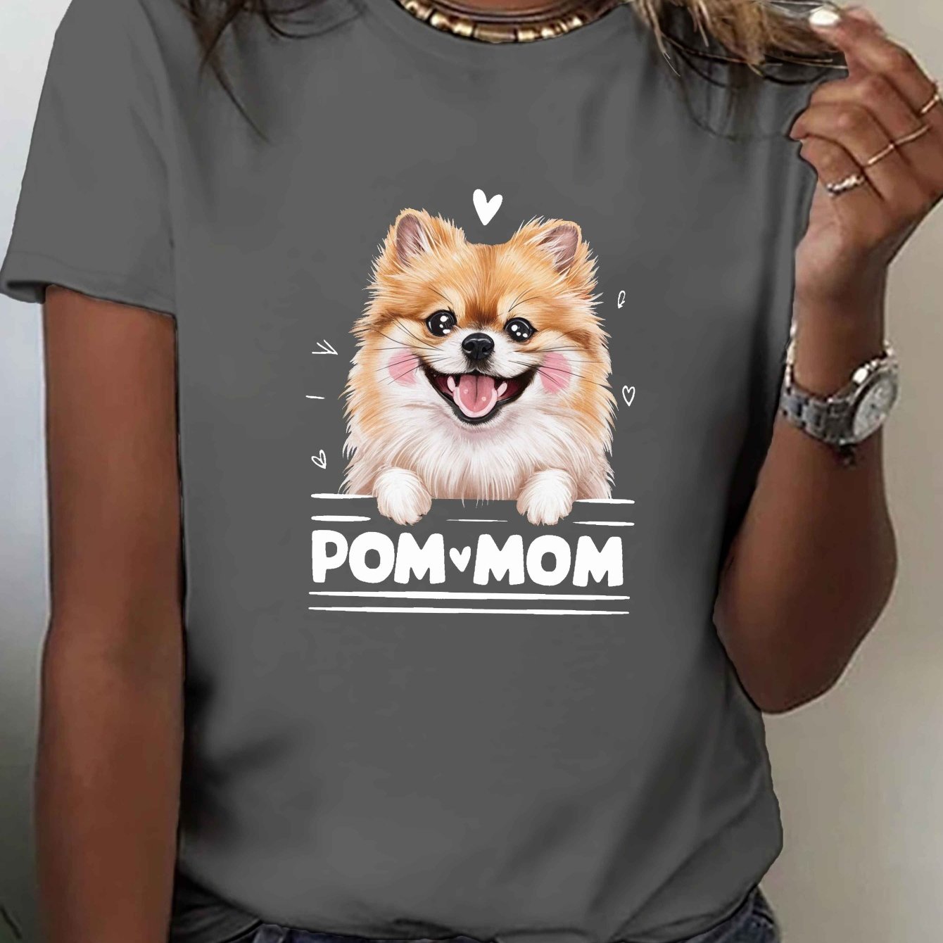 TEMU Women's Pom Mom Graphic T-shirt With Cute Pomeranian Dog Print - Soft Stretchy Short Sleeve Crew Neck Casual Top, Machine Washable Tee For Pet