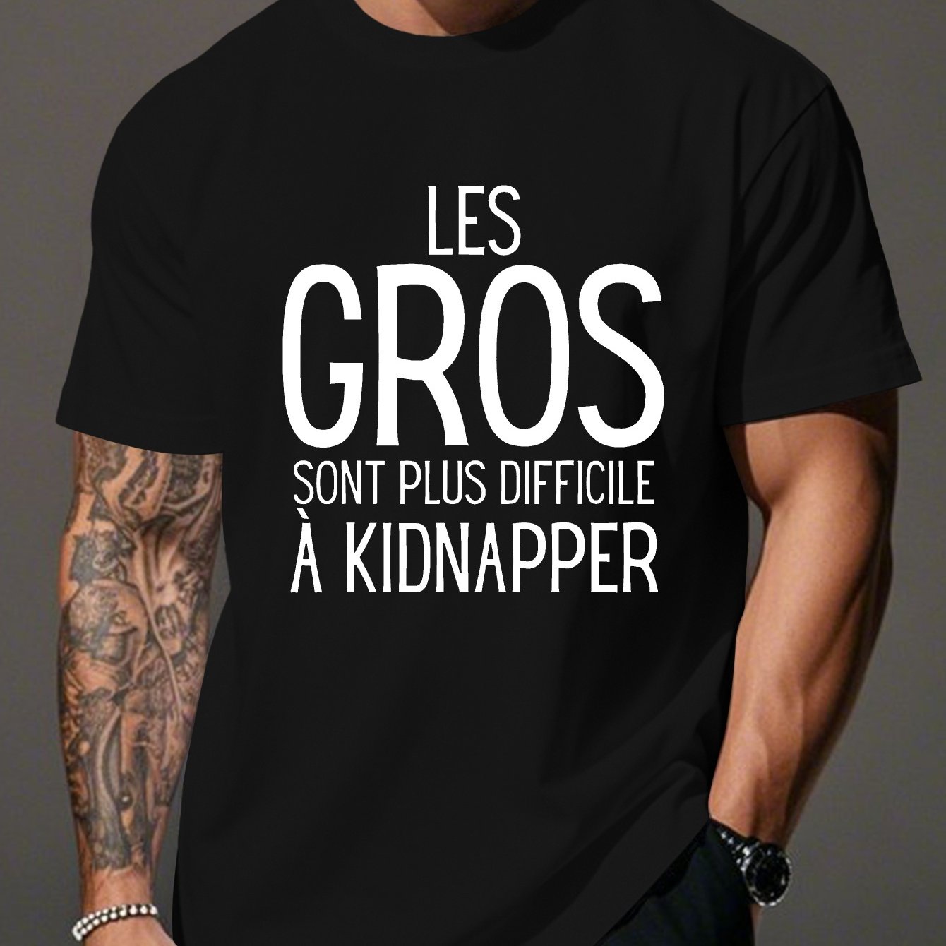 TEMU Men's "les Gros Sont Plus Officiers" French Sarcastic Quote T-shirt - Plus Size Funny French Tee, Casual Crew Neck Short Sleeve Top With French