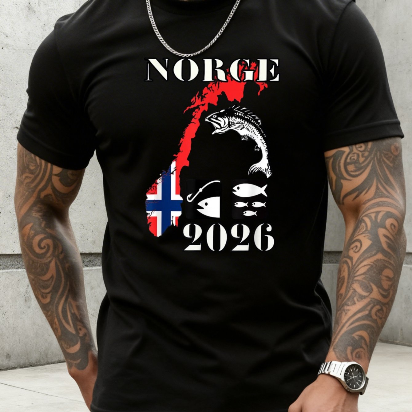 Image of Men's Norway Flag & Fish Print T-shirt - Casual Round Neck Suitable For Fishing Enthusiasts, Gift, Wear With , Machine Washable For Him, & Everyday Outfits