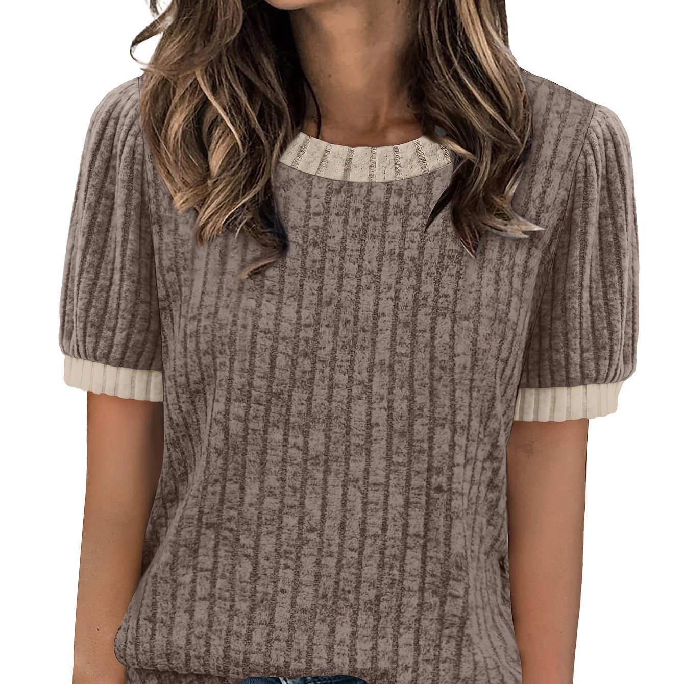 E-shop Damen Mode Top Bequemes Shirt Elegantes Rundhals Color Block T-Shirt Lockerer Kurzarm Pullover