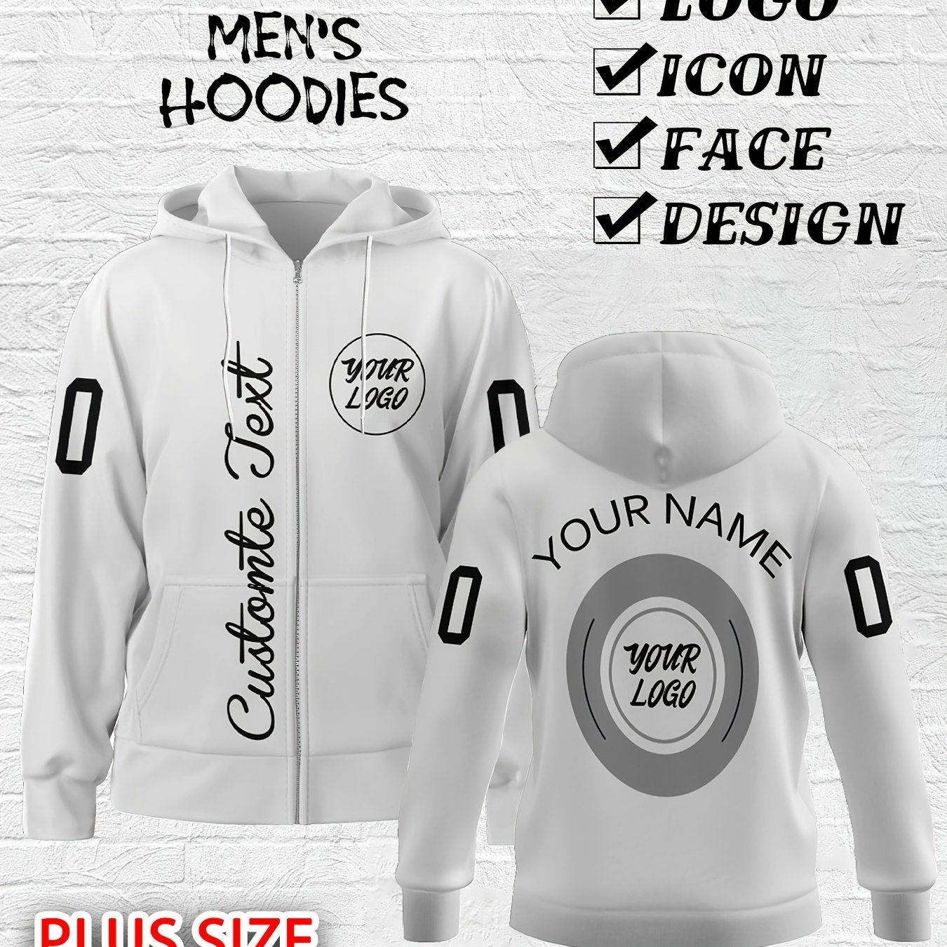 TEMU Men's Custom Zip-up Hoodie - Personalized Name & Number, Logo Design, Athleisure Style, Training And Leisure, Spring And Autumn Outdoor Wear,