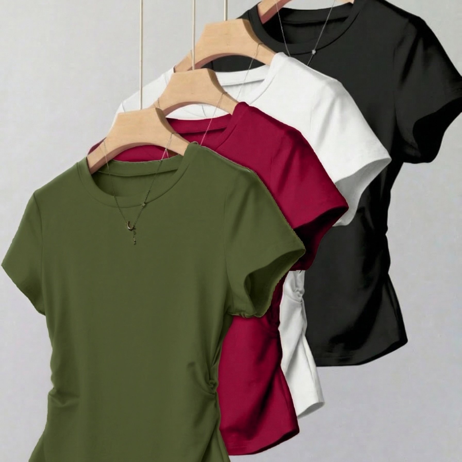 TEMU 4pcs Set Of Women's Spring And Summer Waist-pleated Slim-fit Short-sleeved T-shirts, Casual Shirts