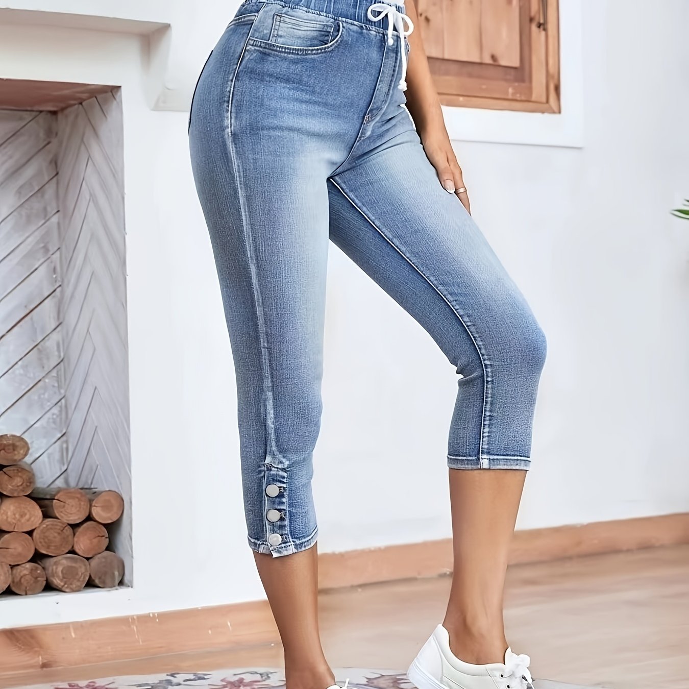 Women's Stretchy Vintage Versatile Casual Fashionable Elegant Mid-waist Machine Washable Durable Multi-functional Elastic Waistband Drawstring Tie-waist Tie-dye Denim Capri Pants Street Style
