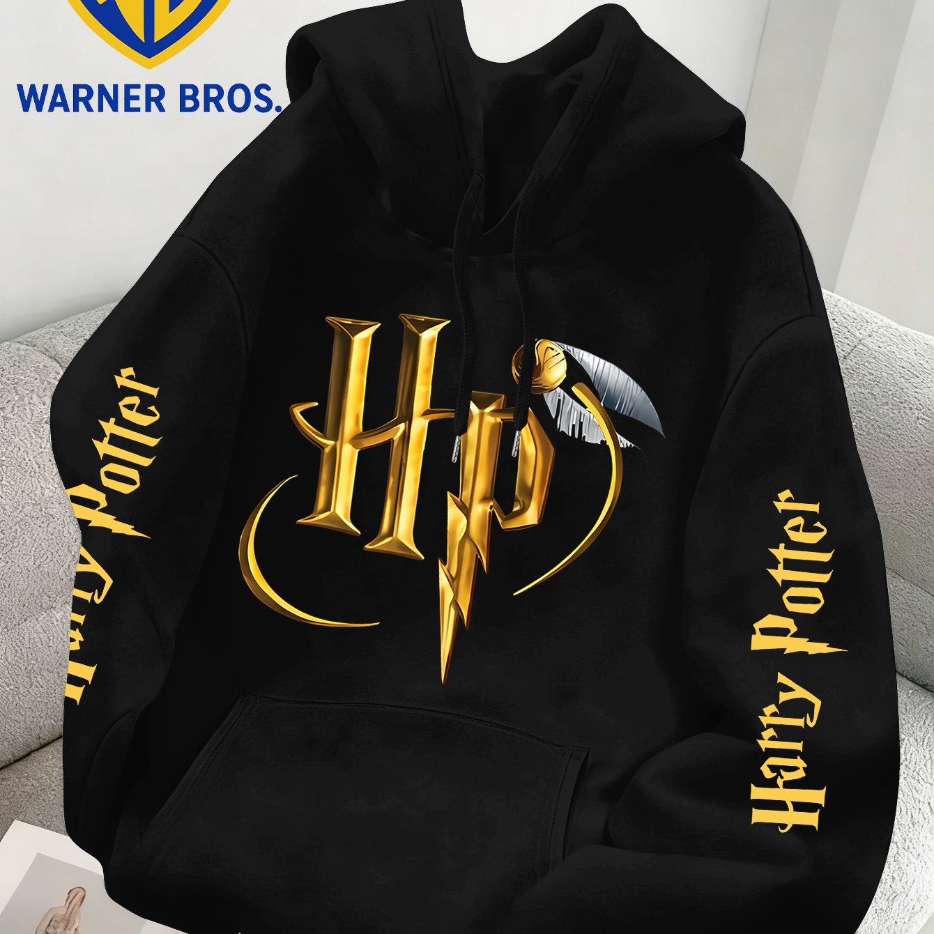 TEMU . Officially Licensed 'harry Potter' Shiny Golden Logo Theme Pattern Printed Trendy Fashion Casual Versatile Sports Drawstring Pocket Hooded