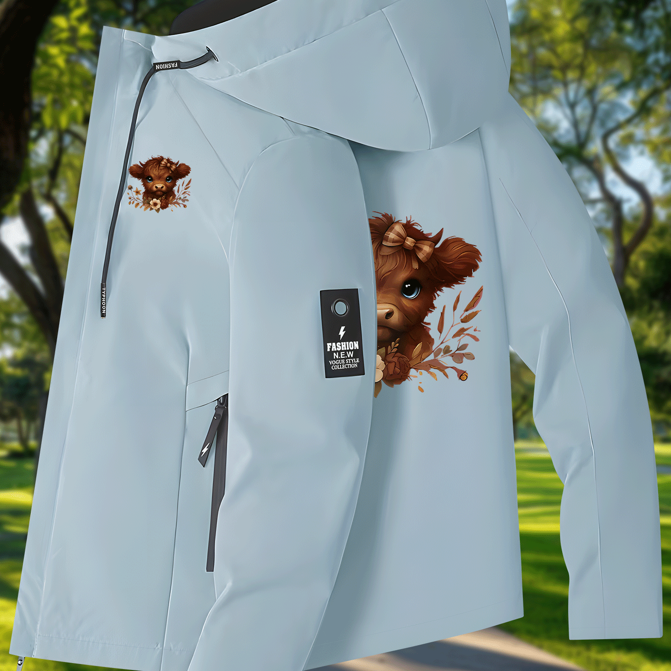 TEMU Soft And Cute Highland Cow Print Lightweight Windbreaker Vintage Women's Jacket, Spring And Autumn Age-reducing Versatile Outerwear