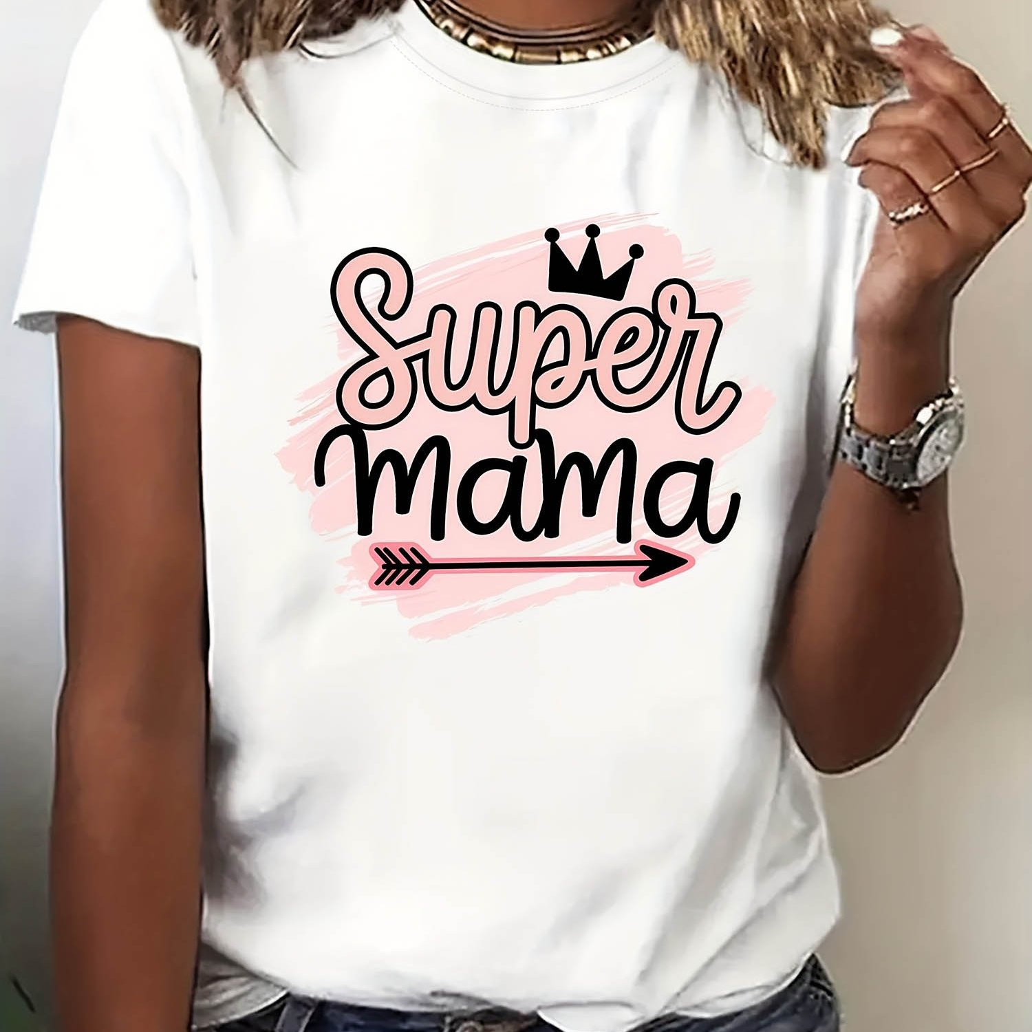 TEMU Women' Mama T-shirt With Crown & Arrow Print - Cute "" Slogan Short Sleeve Top, Mother's Day Gift, Spring Summer Casual Blouse For Family