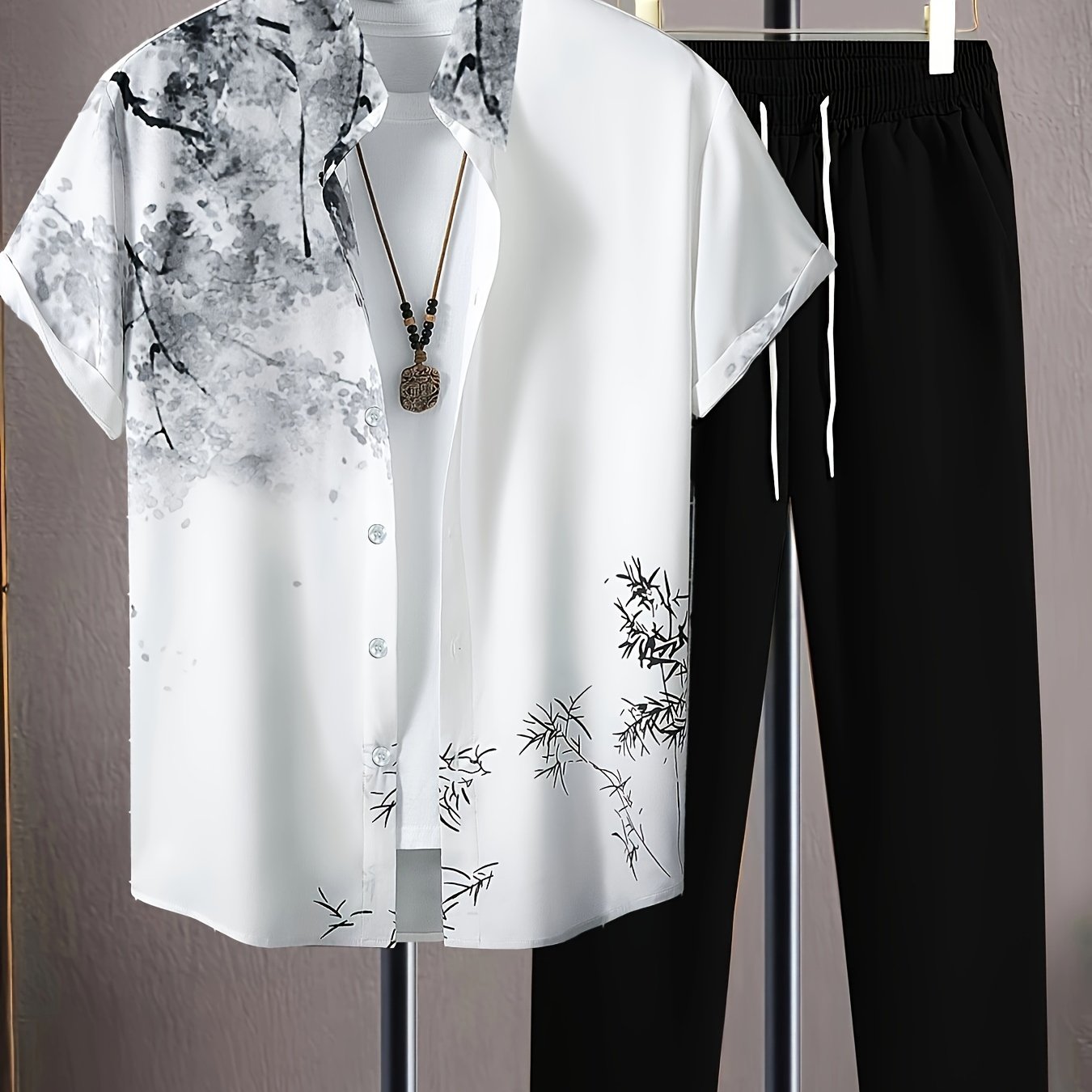 E-shop Sommerliches neues Outfit im chinesischen Stil für Herren mit T-Shirt mit Tintendruck und lockeren, lässigen Hosen im chinesischen Stil,