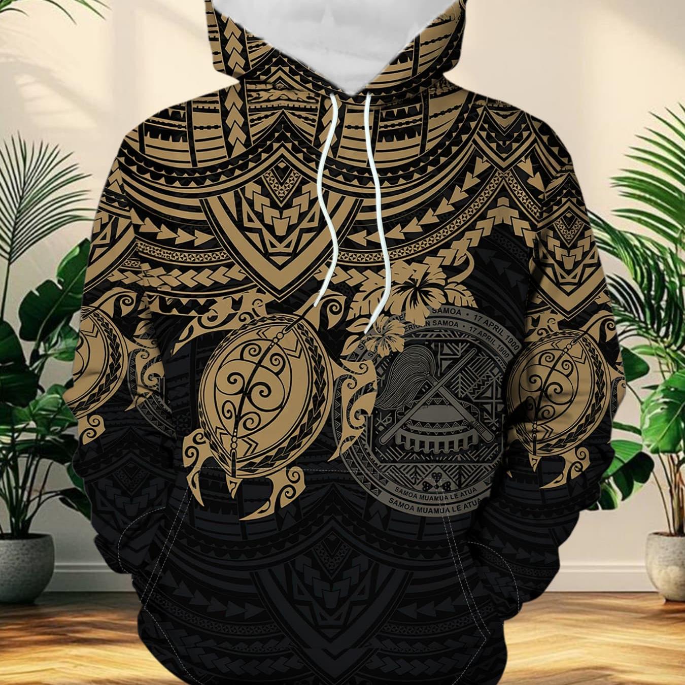 TEMU Men's Polynesian Style Hoodie, Retro Samoan Tribal Totem Printed Hooded Sweatshirt, Sea Turtle Pattern Casual Pullover, Street Fashion Cool