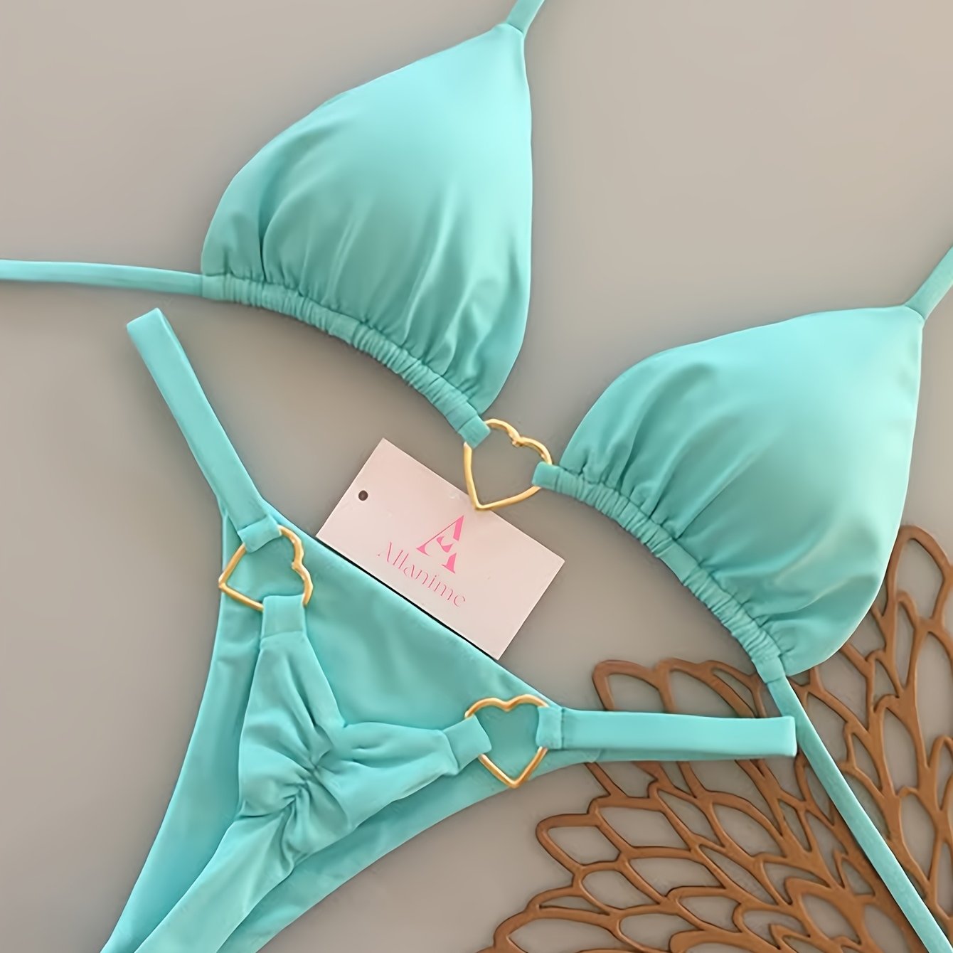 E-shop Neuer Strand-Pool-Party Casual Fashion Sommer Einfarbig Herz Metall-Dekor Bikini 2-teiliger Badeanzug für Damen