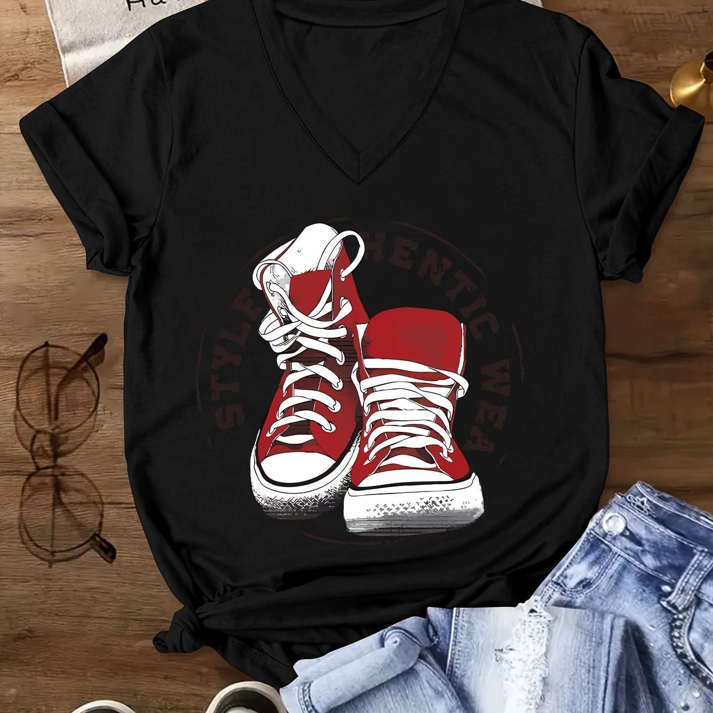 E-shop Damenmode T-Shirt mit Aufdruck, V-Ausschnitt Freizeit Kurzarm T-Shirt für Damen