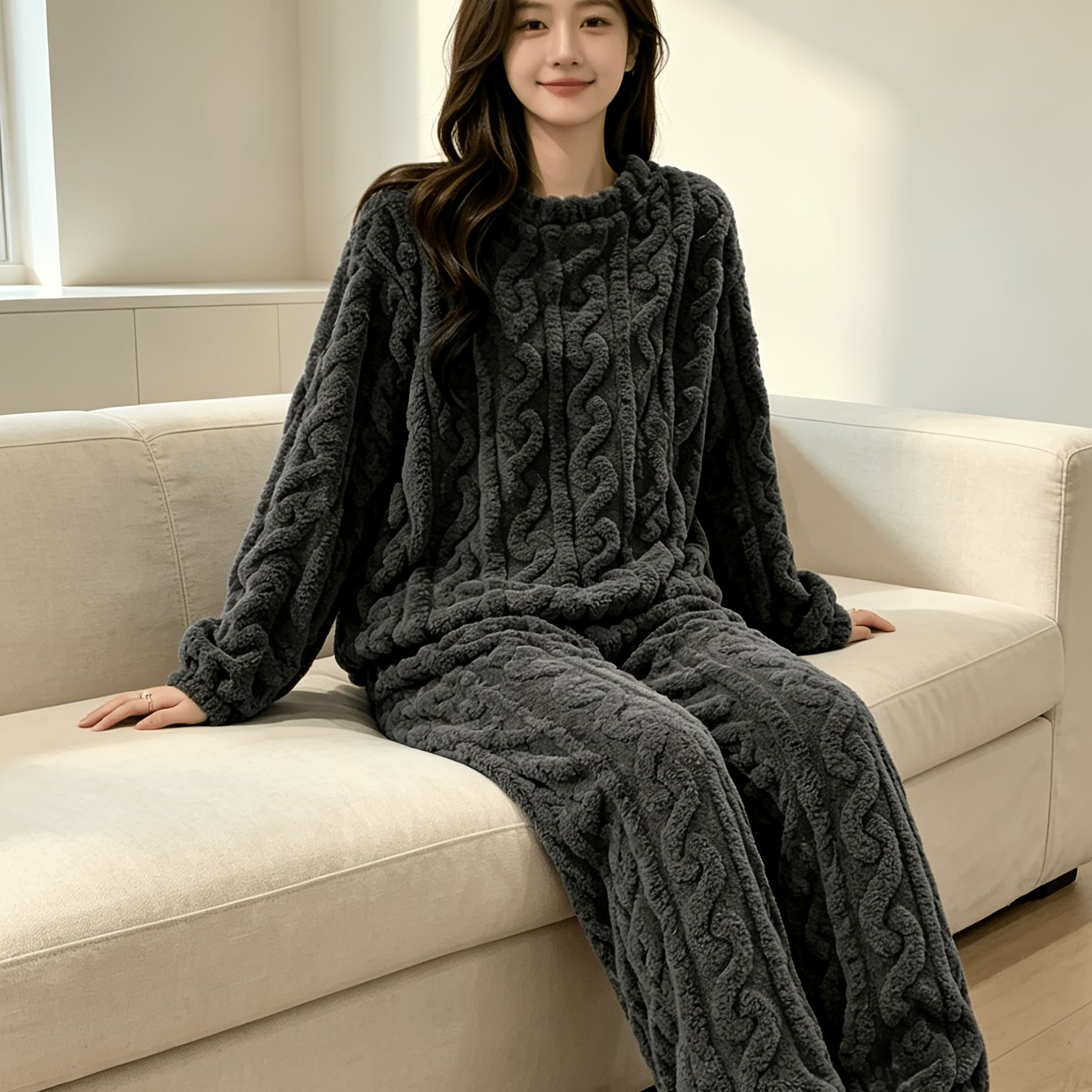TEMU Ensemble de détente 2 pièces en flanelle avec doublure, pantalon de nuit décontracté adapté à une tenue d'extérieur, nouveau style d'hiver pour