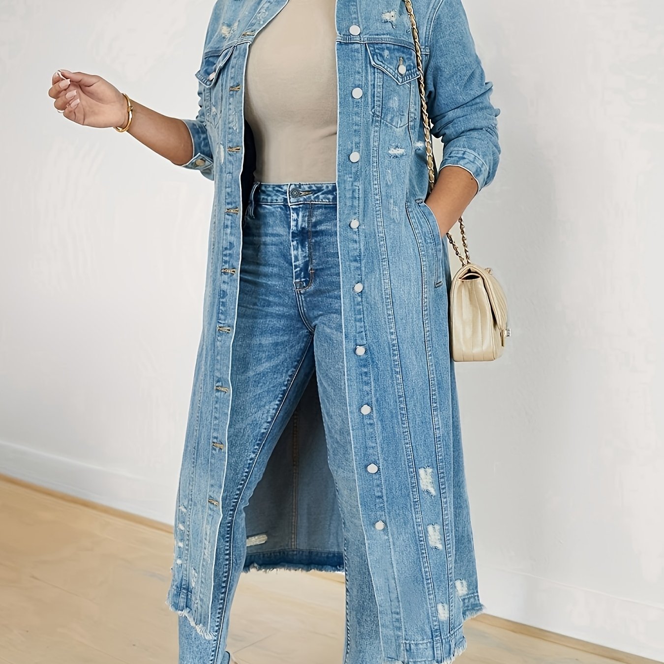 - Women's Denim Jacket, Autumn Washed Loose Long Sleeve Denim Coat