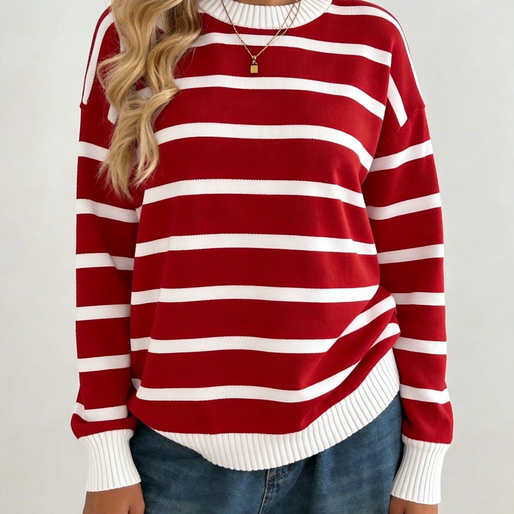 TEMU Pull rayé à col rond pour femmes, pull ample à manches longues et blocs de couleurs rayés, haut décontracté pour de , vêtements d'automne pour