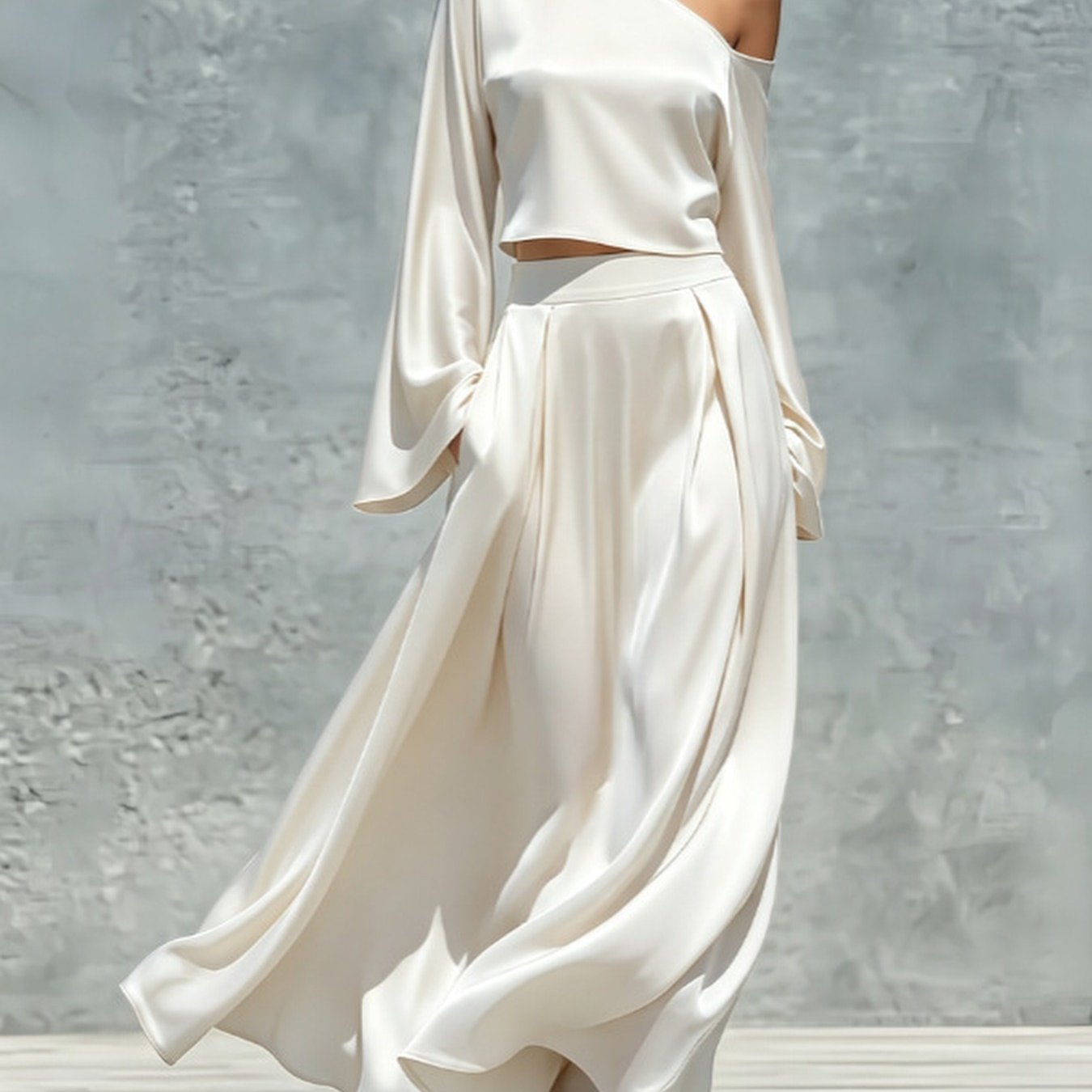 Image of Sleeveless Neck-wrap Set - Long-sleeve Off-shoulder Top And High-waist Wide-leg Long Dress, Two-piece Set
