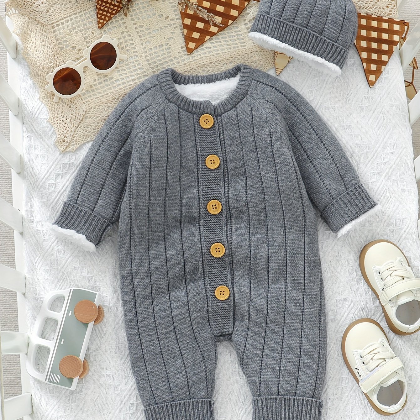 Baby Autumn And Winter Fleece-lined Easy Knitted One-piece Romper Crawling Suit Warm