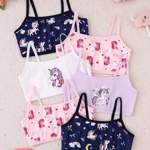 6pcs girls comfortable breathable bralette with unicorn pattern five different designs lightweight essential for sports and school holidays