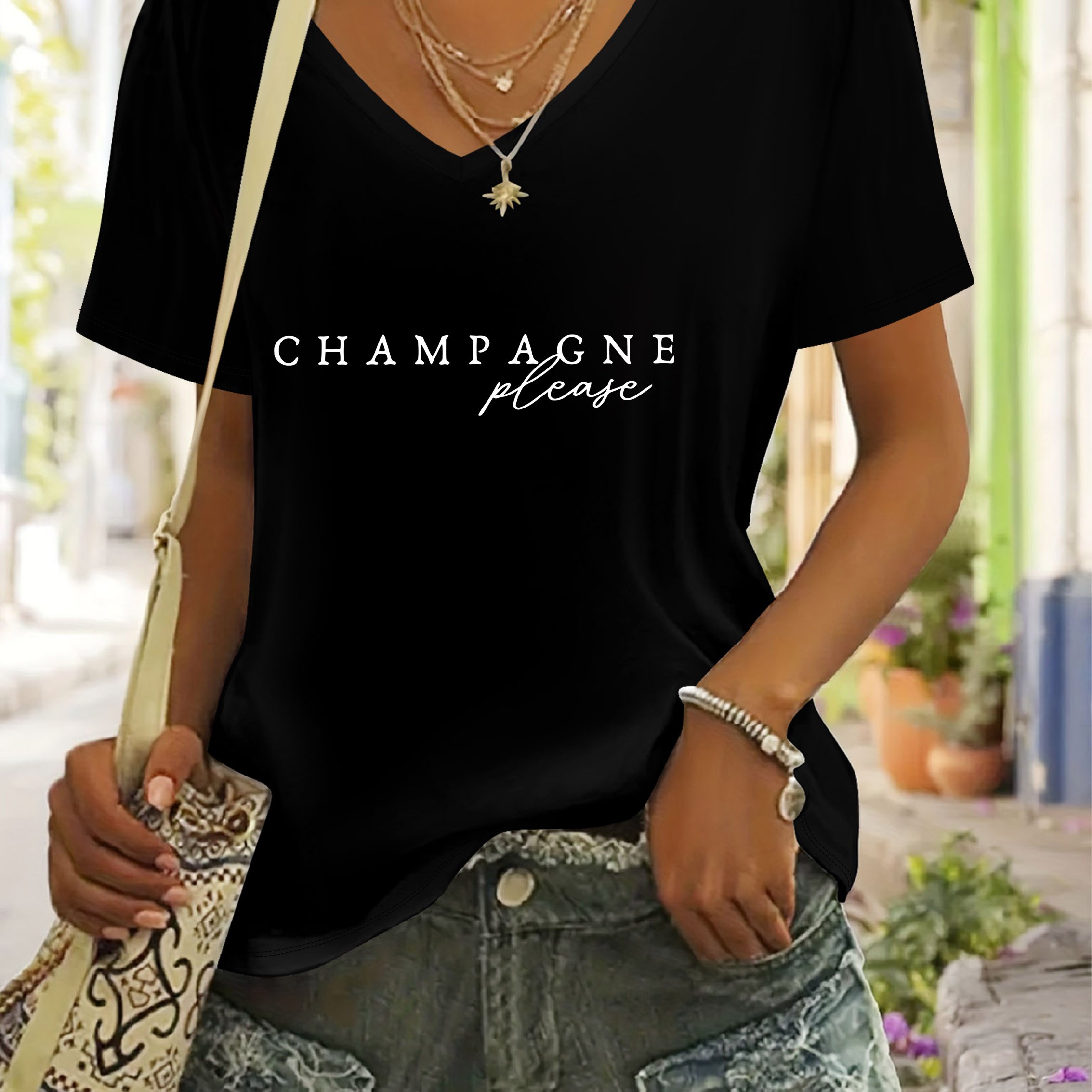 TEMU Spring/summer Fashion Women's V-neck T-shirt, Sexy And Designer V-neckline, Simple "champagne Please" Letter Print, Versatile Women's Top For