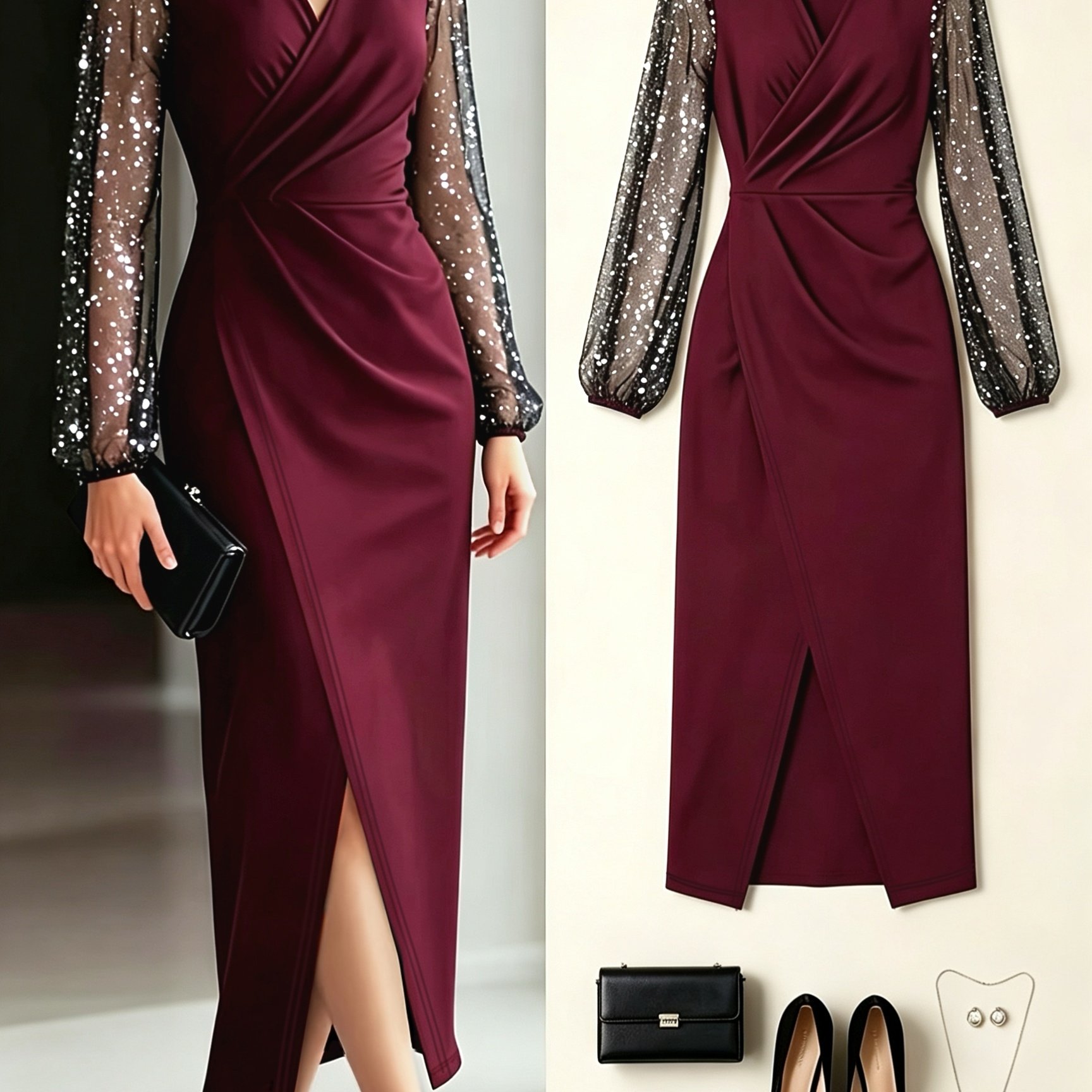 TEMU 2026 Spring/summer Women's Long Sleeve Dress, Burgundy Mesh Sequin Sleeve Waist-cinching Slit Midi Dress, Elegant Ruched -lifting Evening Gown,