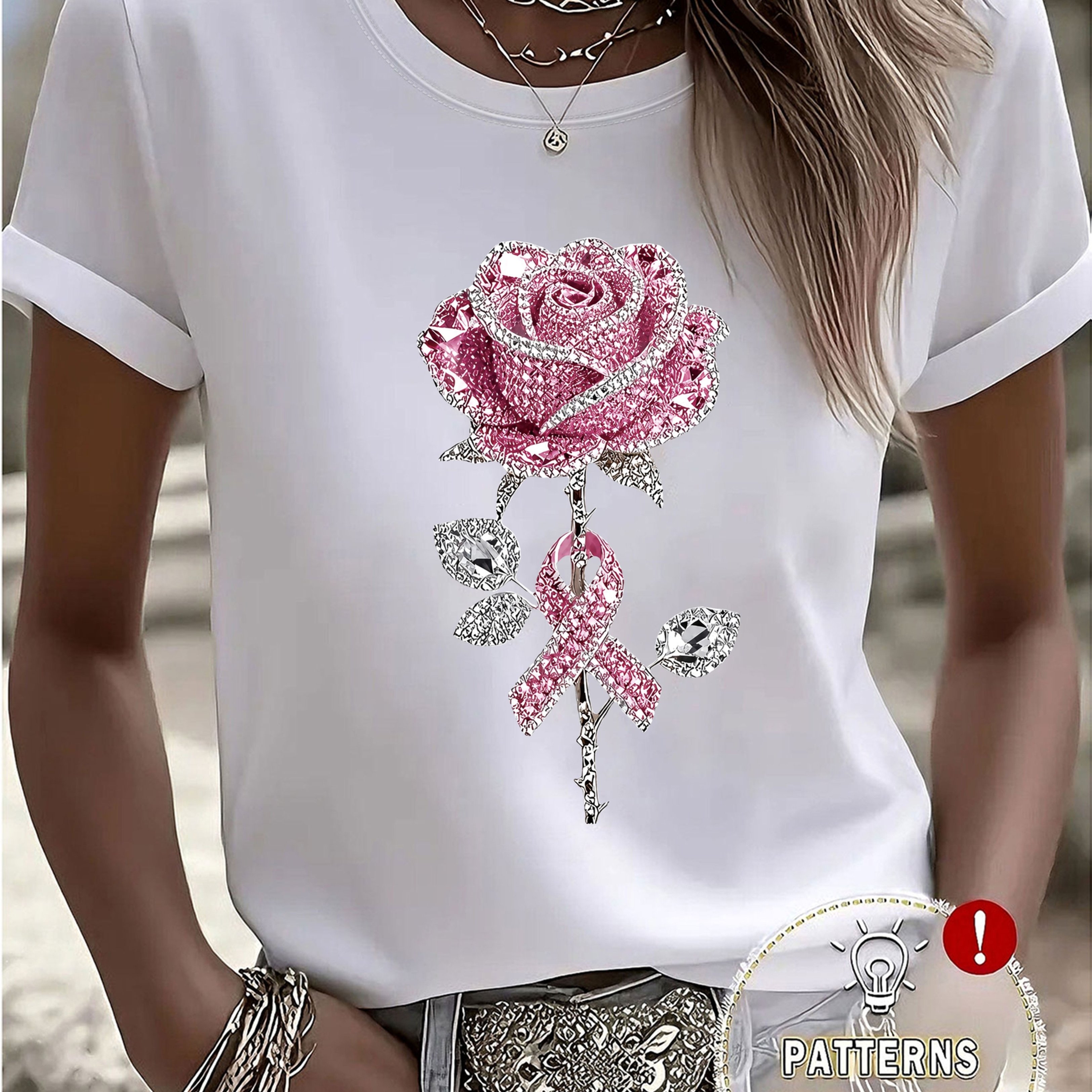 TEMU Exquisite Light Crystal Rose Print White T-shirt Women's Casual Short-sleeved Summer Daily Wear Essential And Covering Meat Versatile --circle