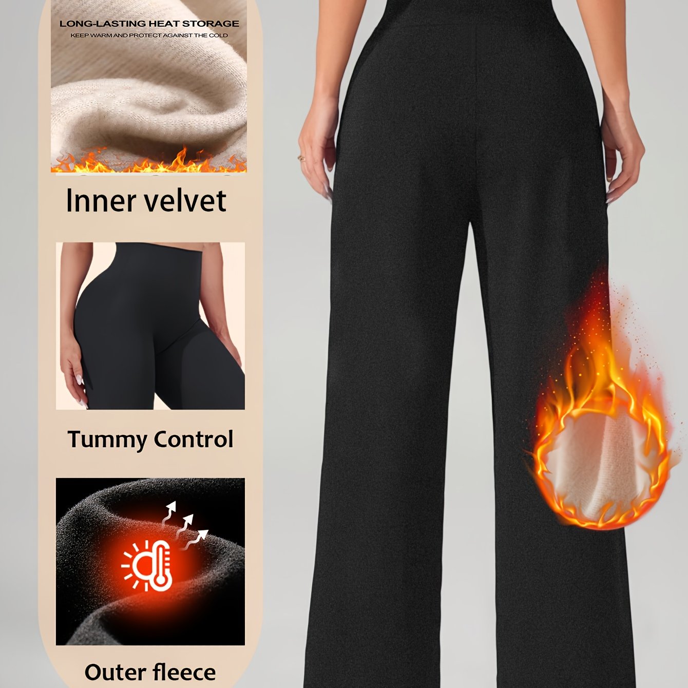 E-shop 1 Stück Damen - Gefütterte Weitbeinige Hose, Hochtaillierte Winter , Schwarze Dicke Warme Vielseitige Hose, Gerader Schnitt, Elastischer Bund,