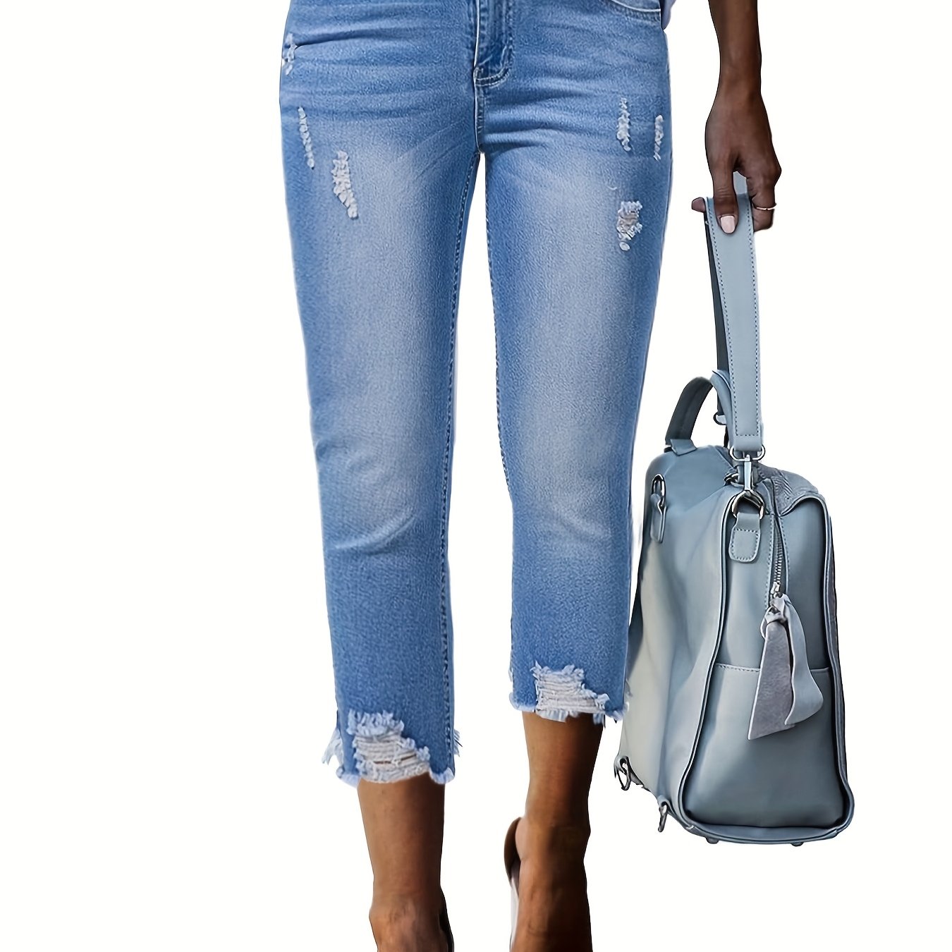 Women's Fashionable Light Blue Stretch Denim Capri Pants With Tassel Details And Ripped Holes - Elegant Summer , Machine Washable