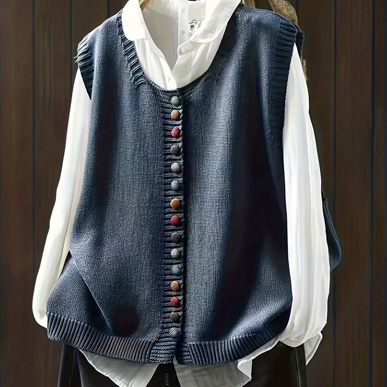 Plus Size - Plus Size - Retro Literary Multicolor Button Embellished Vest, Loose Sleeveless Layering Plus Size Women's Vest Cardigan