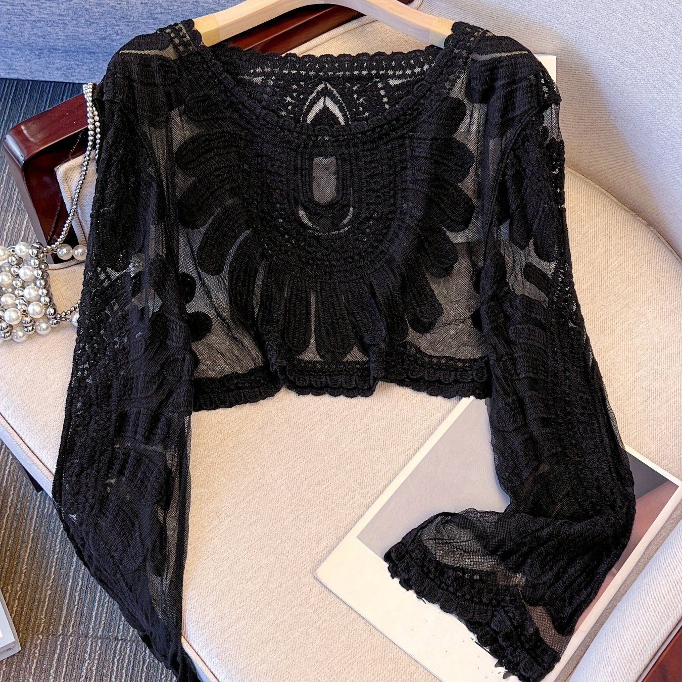Image of Bohemian Style Crochet Hollow-out Embroidered Short Women's Summer Round Neck Long Sleeve Casual Pullover