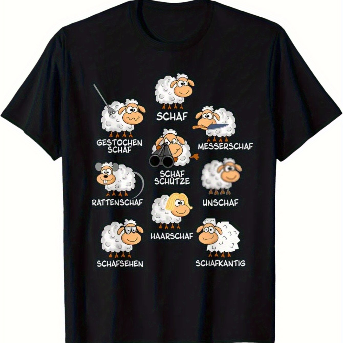 Image of Word Game T-shirt - Black With White German & Sheep Illustrations - Casual Short Sleeve Round Neck Tee For Adults, , Humorous Language Learning Apparel, Regular Fit Funny For Casual Attire &