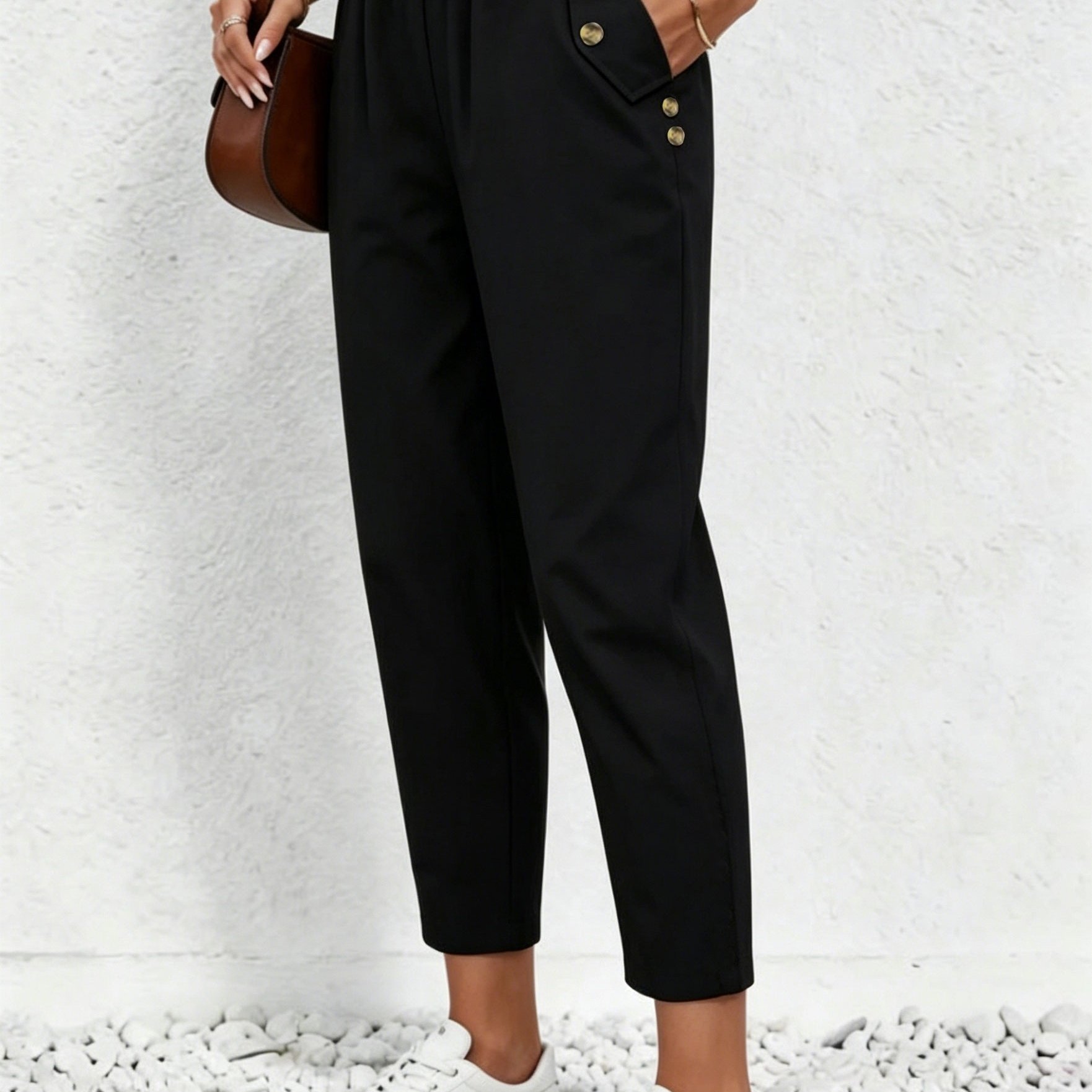 TEMU Women's Summer Ankle Pants, Pocket Detail With Button Embellishment, Elegant Vacation Casual Daily Wear Comfortable High-waist Carrot Pants