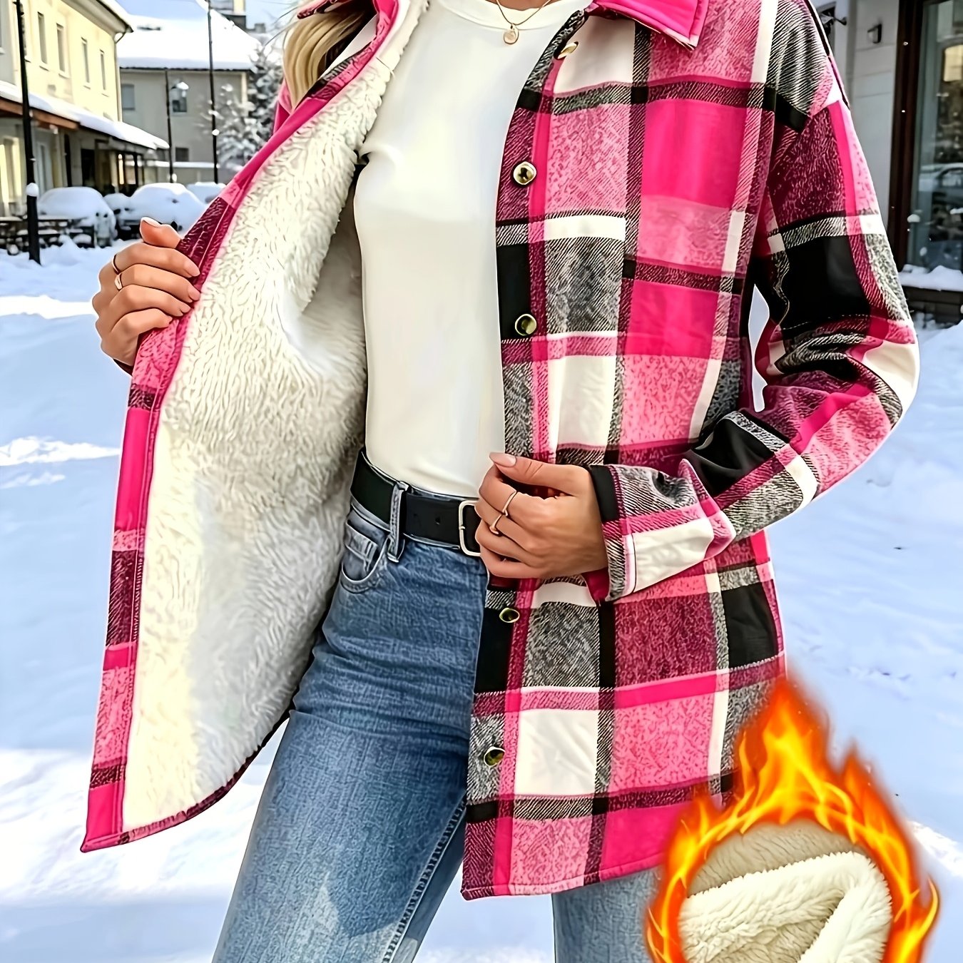 TEMU Autumn Winter Thickened Fashion Checkered Printed Women's Commuter Athletic Fleece-lined Jacket Top