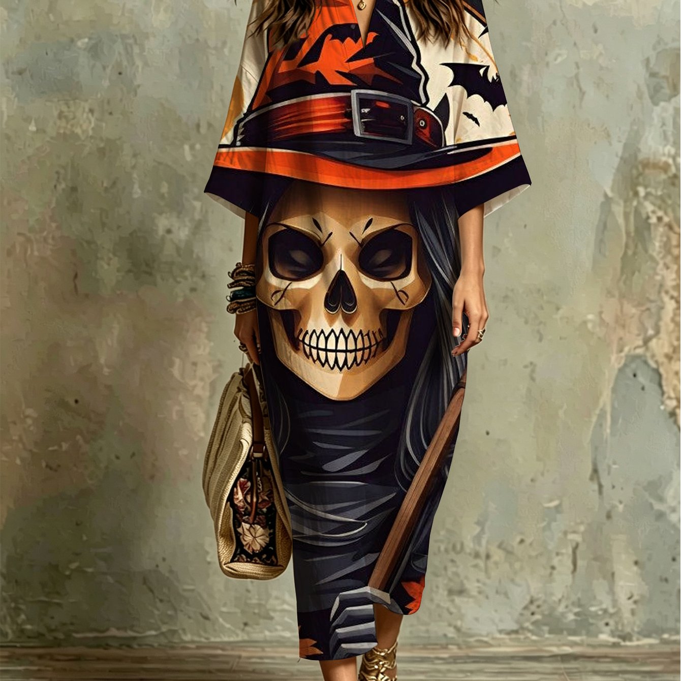 Image of Plus Size - Casual Kaftan Dress With Witch Skull, Pumpkin And Bat Prints, Comfortable, Loose Fit, Halloween Party Costume, Spooky Autumn Festival Outfit, Lightweight, For Halloween