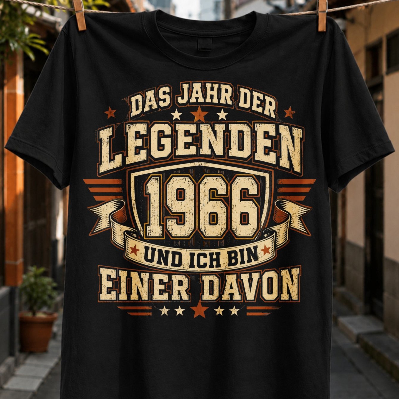 Image of 1966 With Aged Cream Copper Lettering Banner Stars Wings And Einer Davon Birthday Slogan Unisex All T-shirt