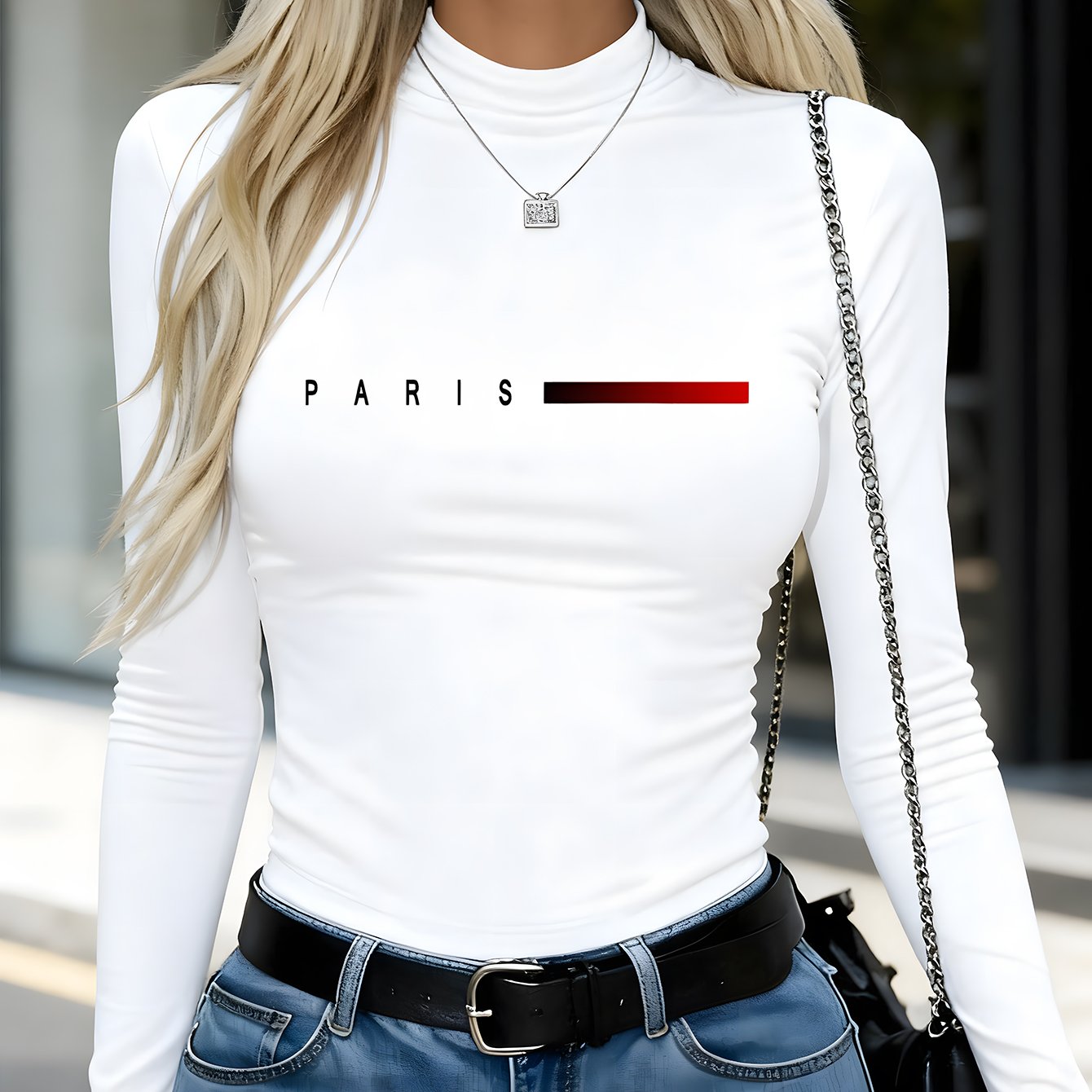E-shop Damen Herbst- Winter-Y2K-Freizeit-Figurschmeichelndes Langarm-Wärme-Basis-Top, warmes Unterhemd mit Paris-Musterdruck, modische langärmelige