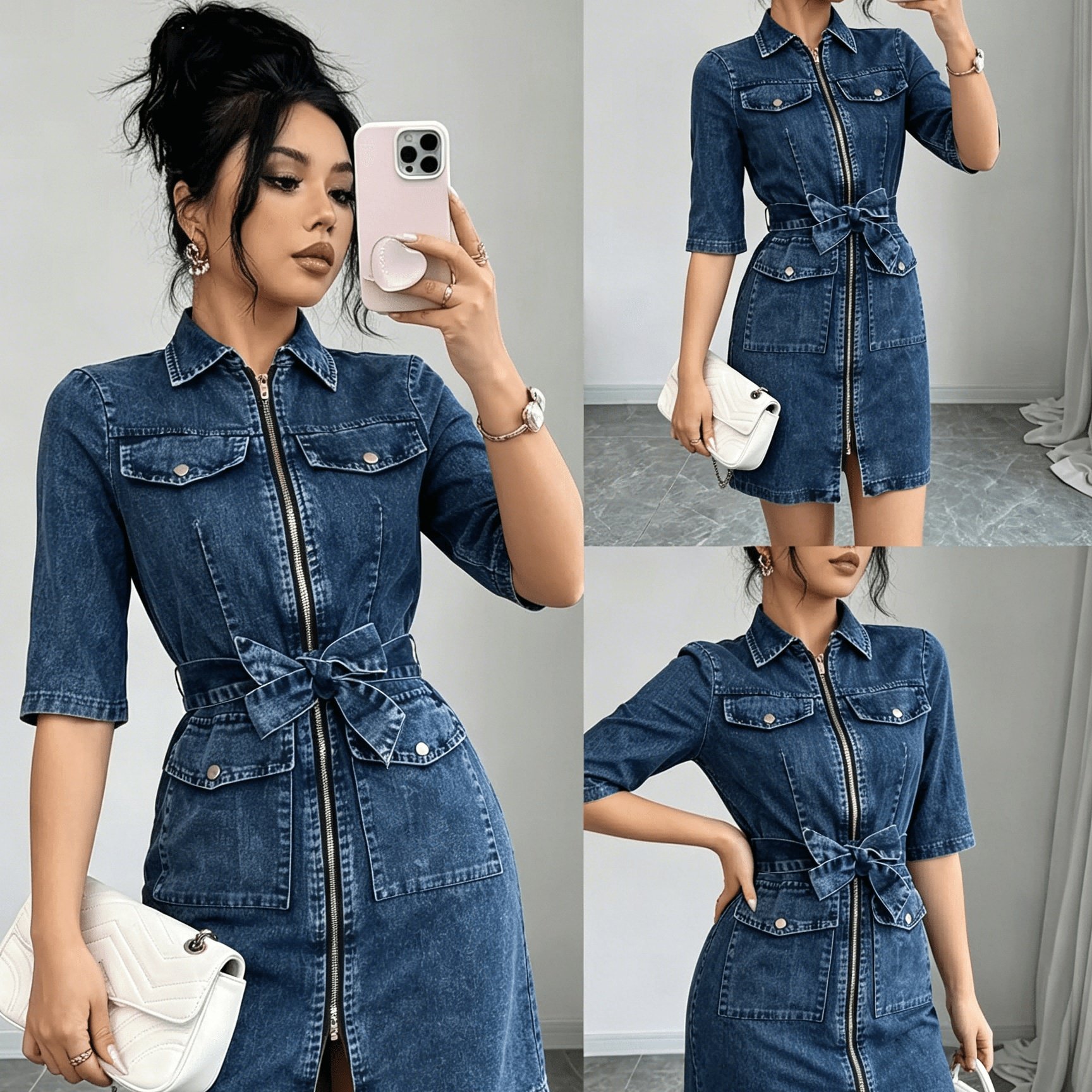 Women's Denim-style V-neck Zip-up Bodycon Dress With Pockets - Short Sleeve Casual Elegant Dress, Machine Washable Versatile Outfit, Casual Attire, Fit, Trendy Ladies