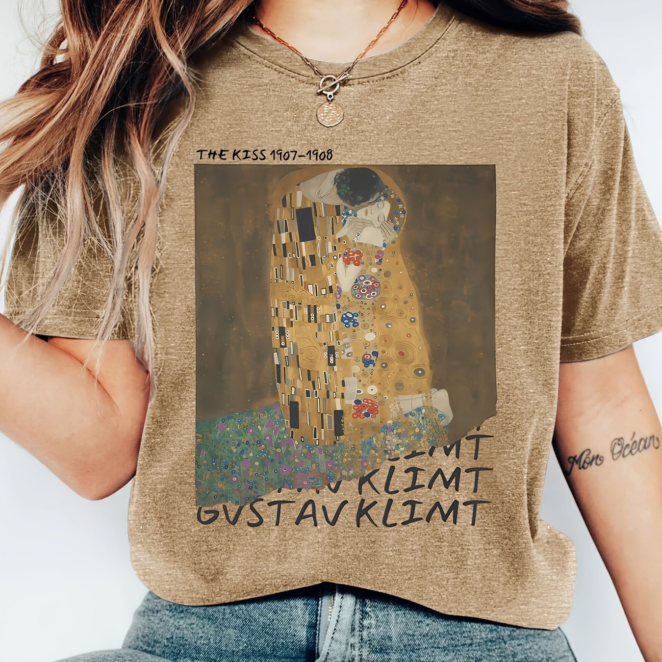 TEMU Women's Retro Texture Klimt's Famous Painting Short Sleeve T-shirt | Style Floral Round Neck Tee | Casual Cute Top | 2026 Spring Summer New