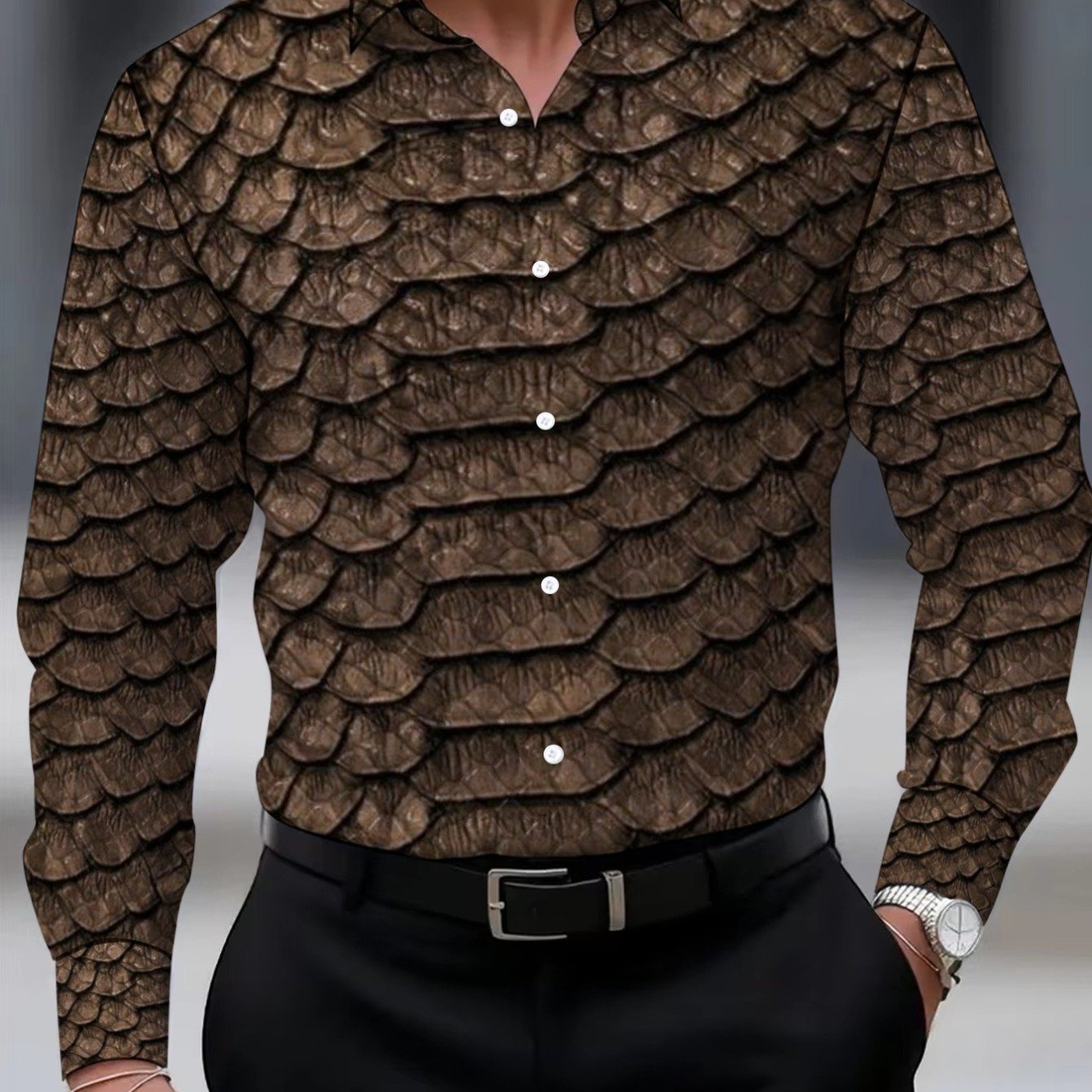 TEMU Men's Brown Scale Pattern Long-sleeve Shirt, Casual Wear, Lightweight And , Suitable For The Office Or , Button-front For A Stylish Look