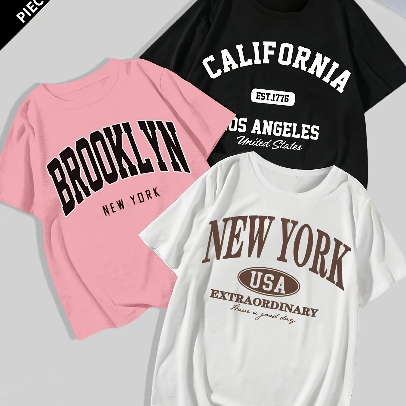 3pcs Set Women's Plus Size Letter Print Round Neck Short Sleeve T-shirts | , Medium Stretch Fabric, Alphabet Pattern, Tops