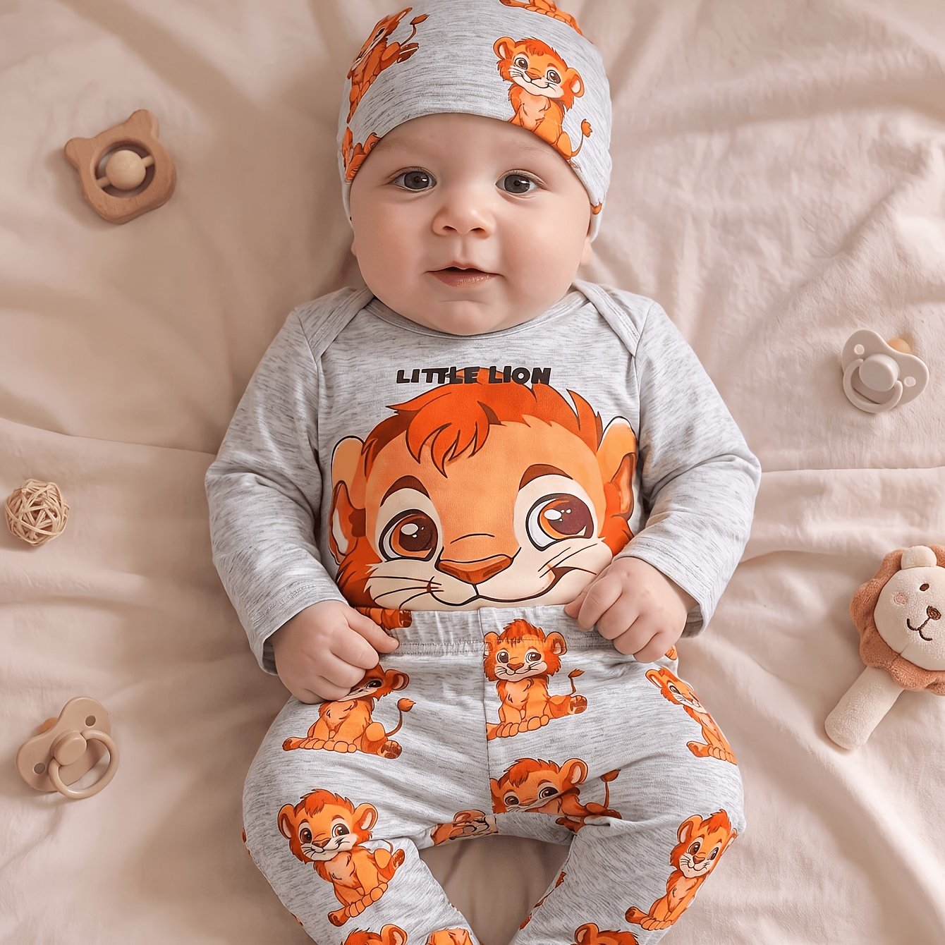 Image of Children's Long-sleeved Onesie With Lion Print And Long Pants With Lion Print Plus A Hat,boys And Girls Clothes,christmas,halloween
