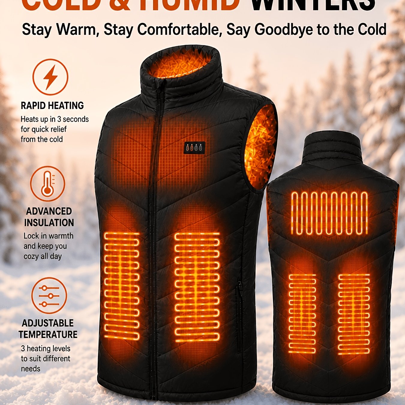 TEMU Men's Electric Heated Vest, 28-zone Intelligent Heating, 3-speed Temperature Adjustable Heating Jacket, Suitable For European Winter And Cold