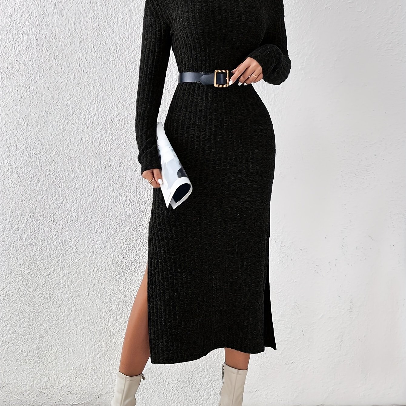 TEMU Long Sleeve Shift Ribbed Knit Dress, Elegant Turtle Neck Split Hem Midi Dress For Fall & Winter, Women's Clothing