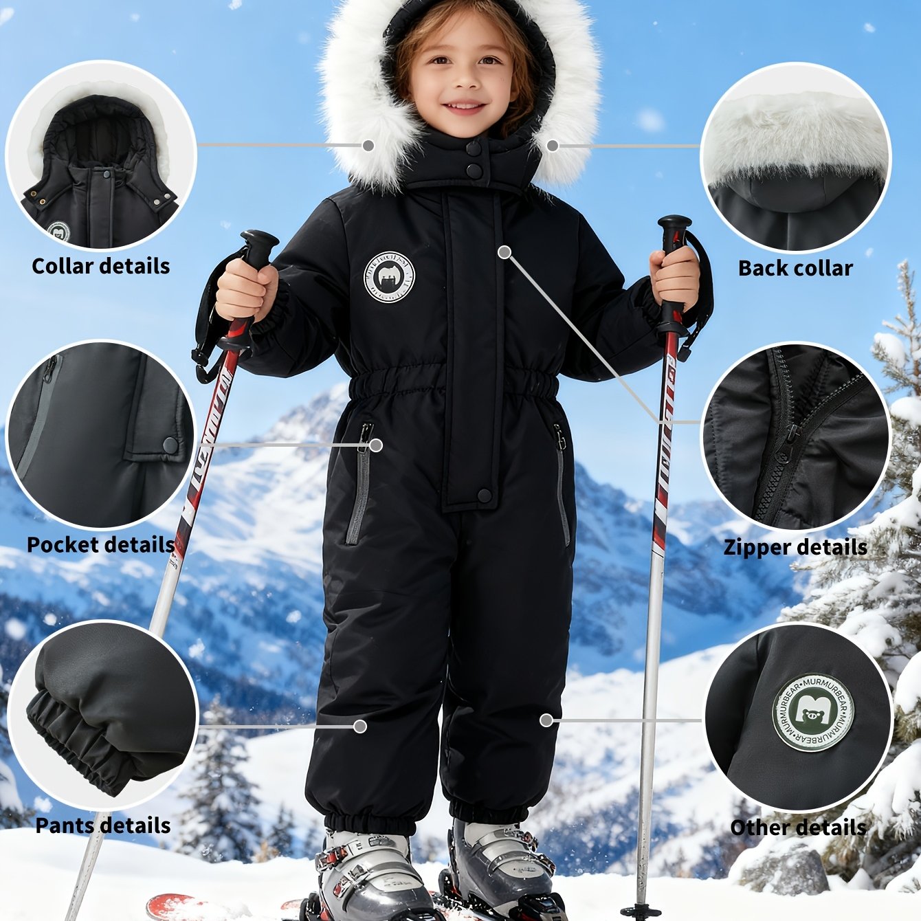 TEMU Combinaison de ski intégrale, hiver épaisse et chaude, avec capuche à grand col pour garçons et filles, vêtements de ski d'extérieur résistants