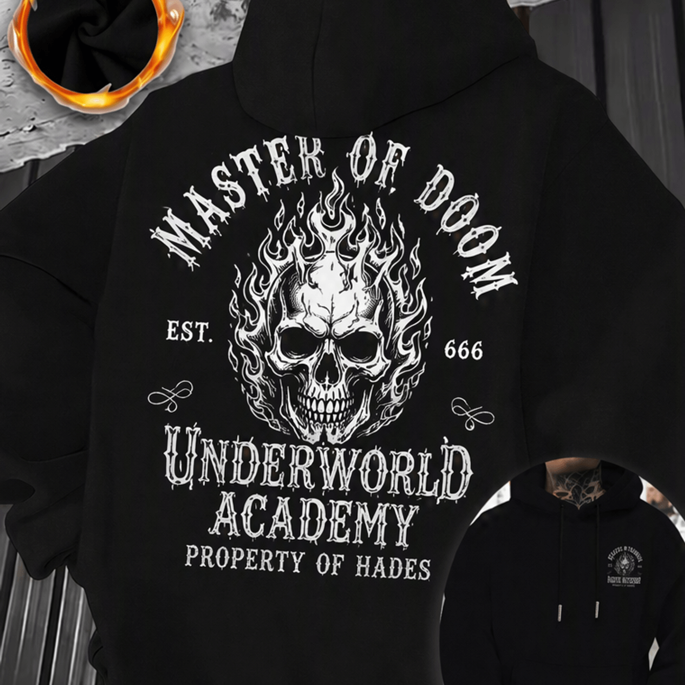 Image of Men' Of Doom Underworld Academy Skull Printed Hoodie Gothic Streetwear Thickened Autumn Winter Dark Aesthetic Daily Wear