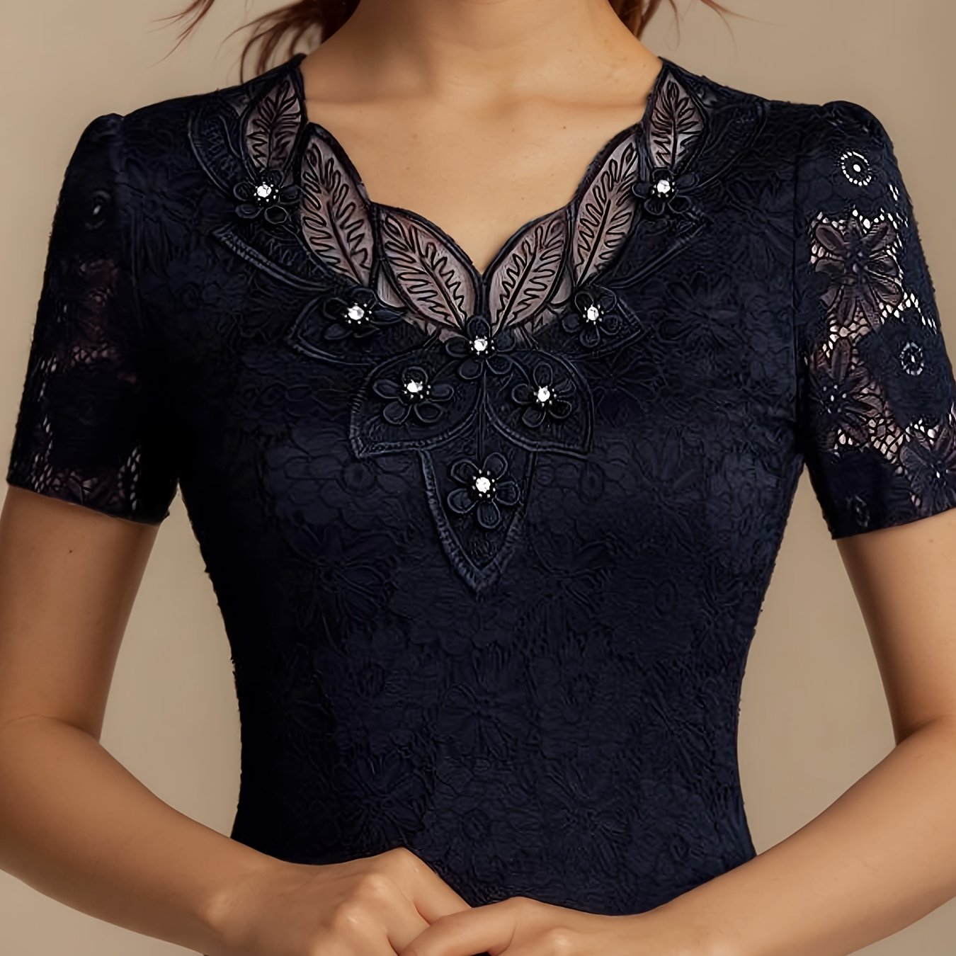 TEMU Women's Elegant Lace Trim V-neck Short Sleeve T-shirt - Summer Slim With Pearl Accents, Breathable Mesh Panel & Solid For Casual Or Formal Wear,